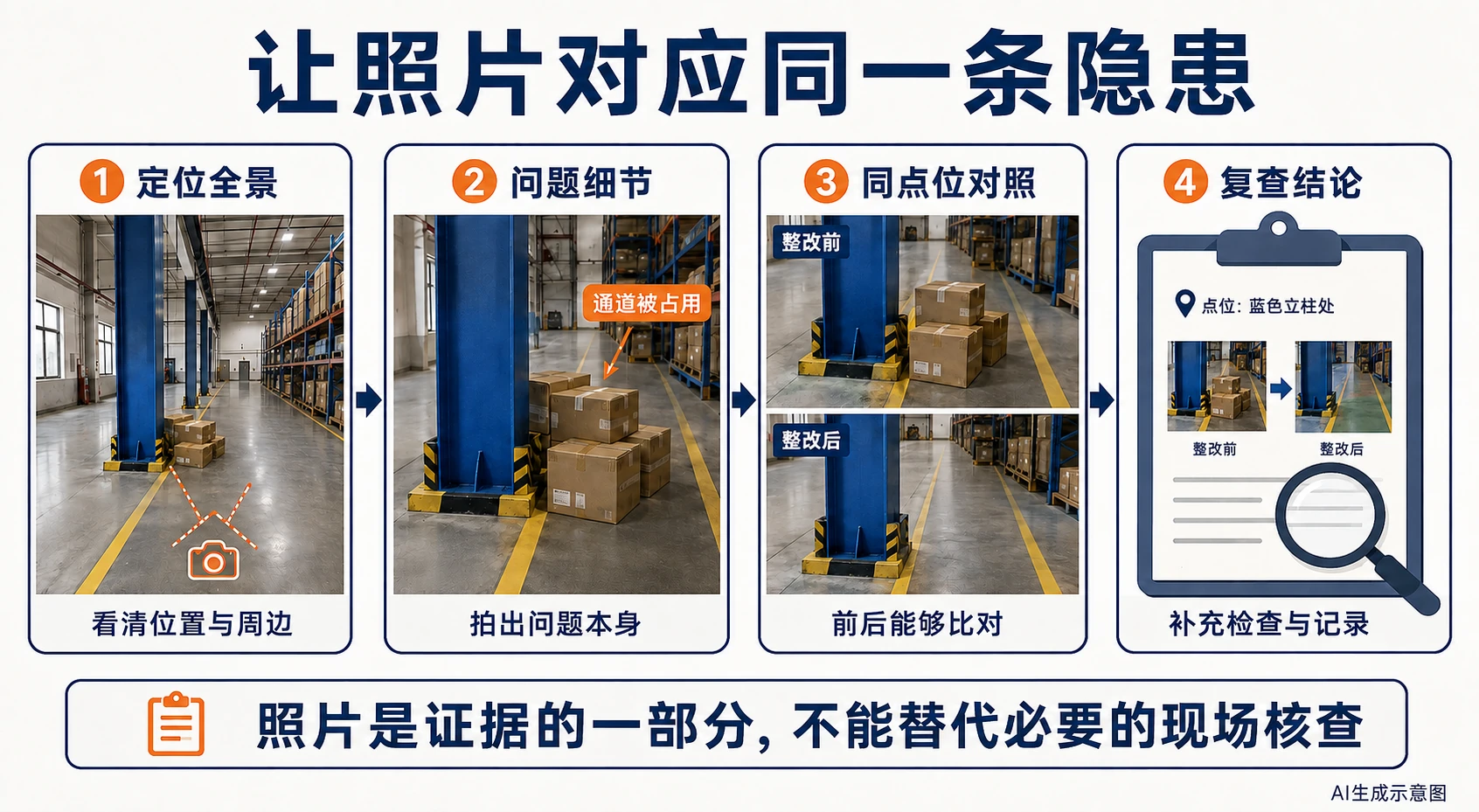 定位全景、问题细节、同点位对照和复查记录的四项提示,AI生成示意图