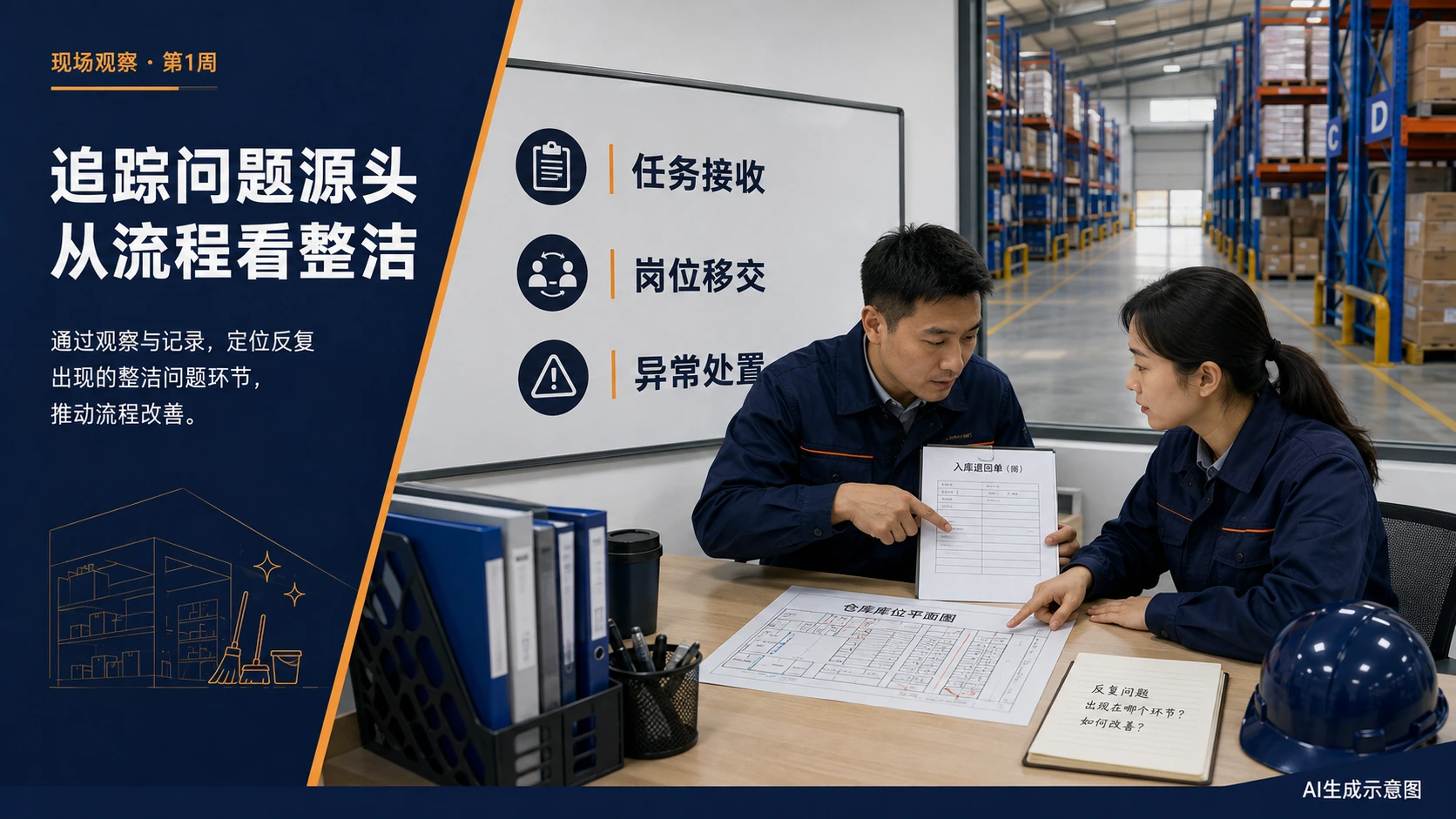 仓储管理人员核对退货接收、库位和反复出现的问题记录,AI生成示意图。