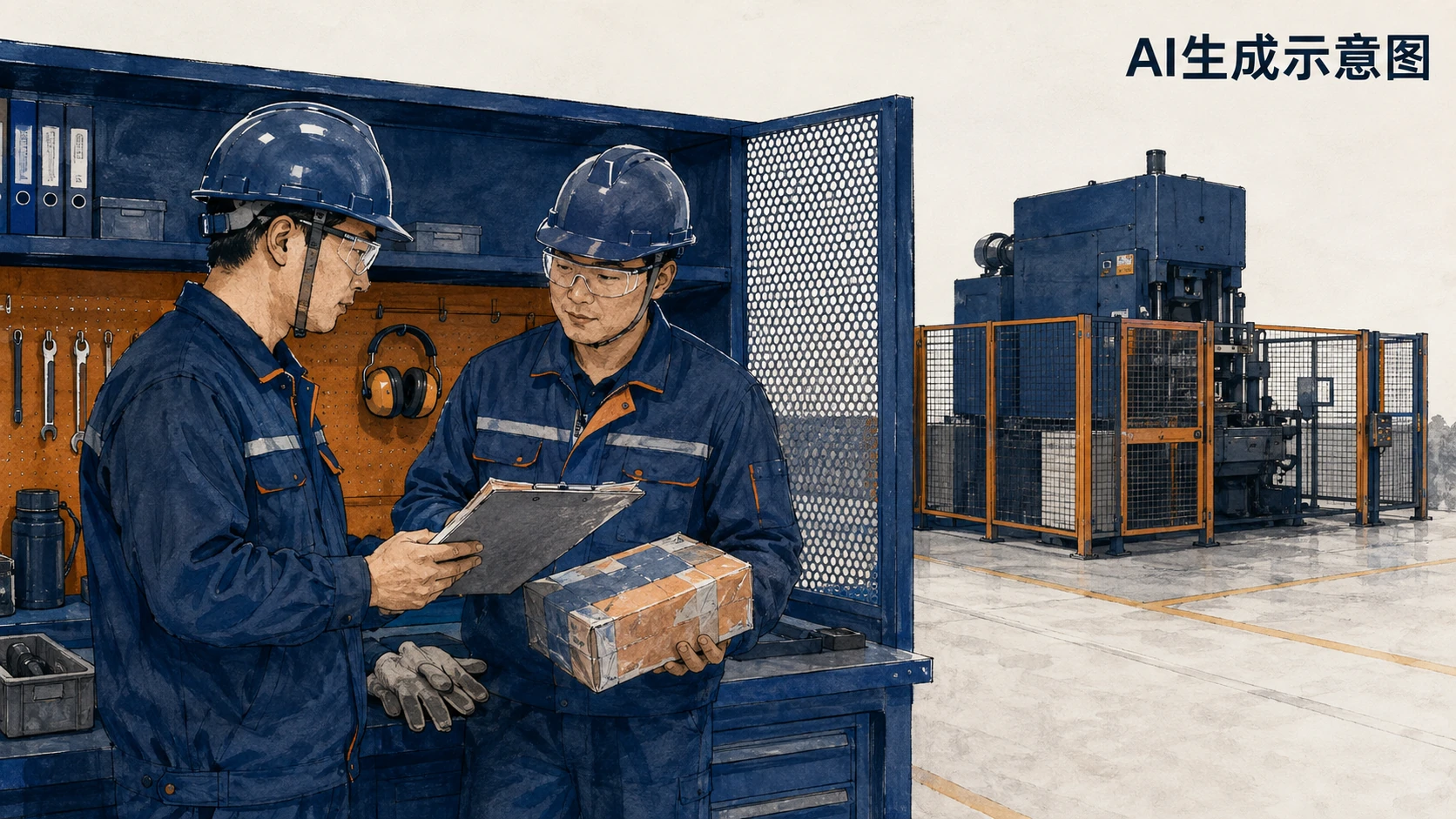 工作人员核对停用设备的未完成整改与备件安排,AI生成示意图。