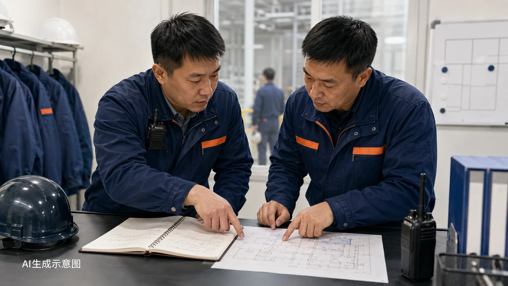 两个班组在安全交接区域核对未完成事项和位置,AI生成示意图。