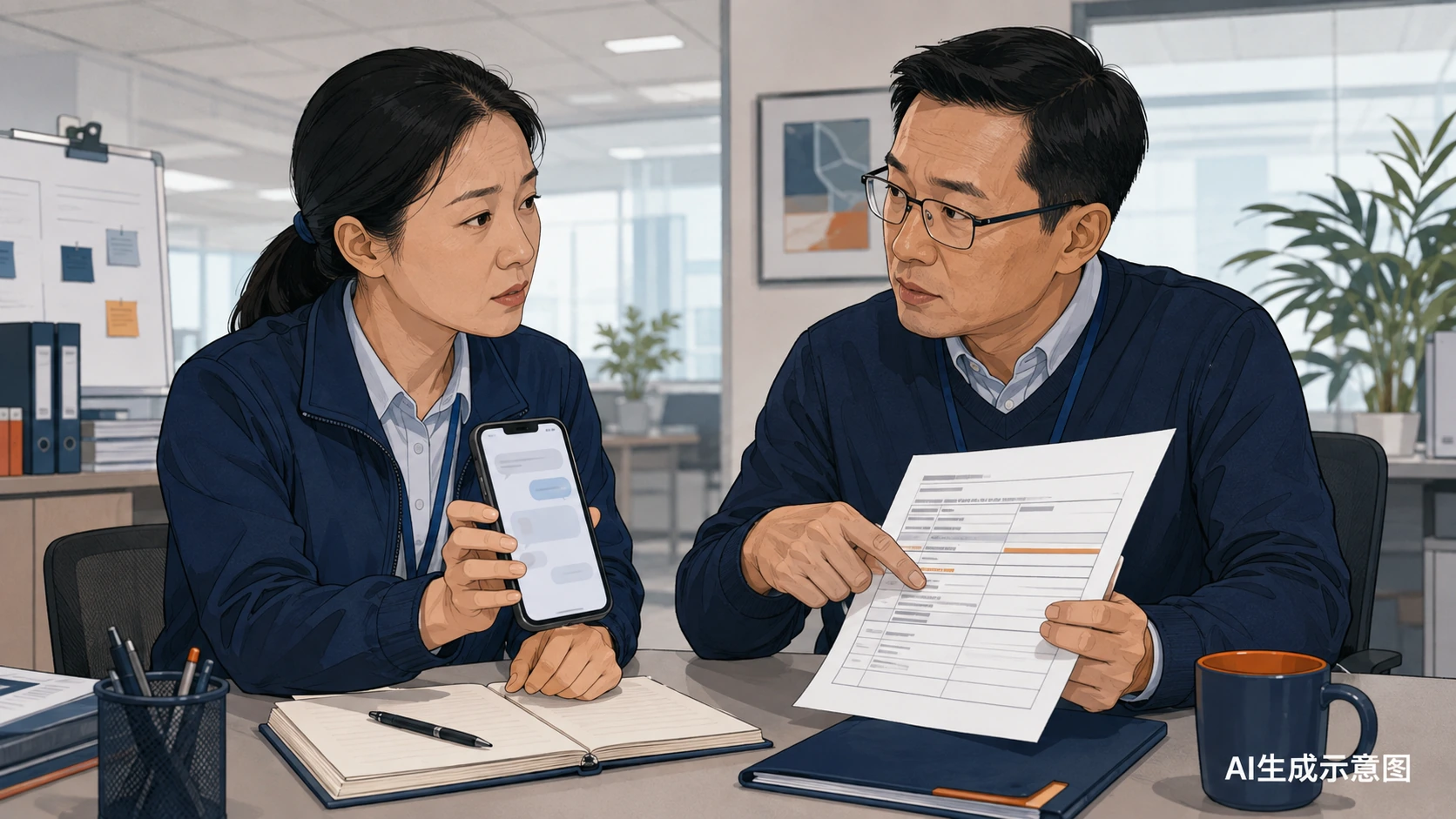 安全管理人员与有关负责人核对问题报告及接手安排,AI生成示意图。