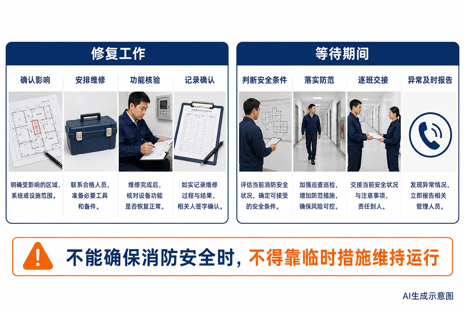 修复工作与等待期间职责并列:功能核验、当班防范、交接与异常及时报告