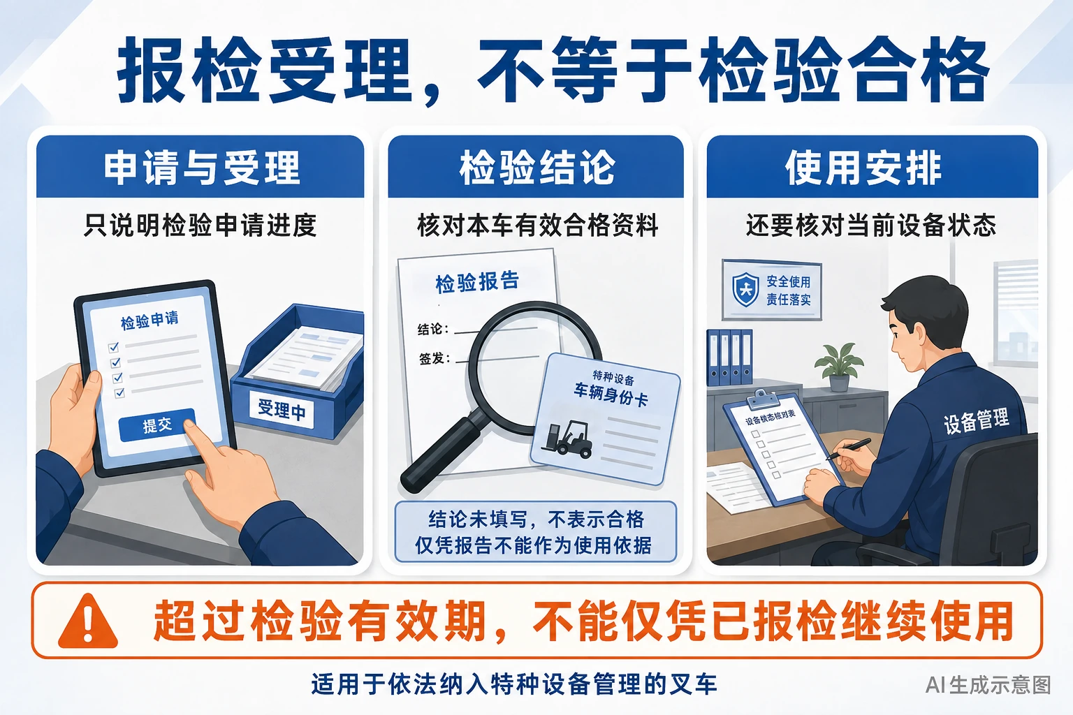 报检申请、检验结论与使用安排不同状态的AI示意图