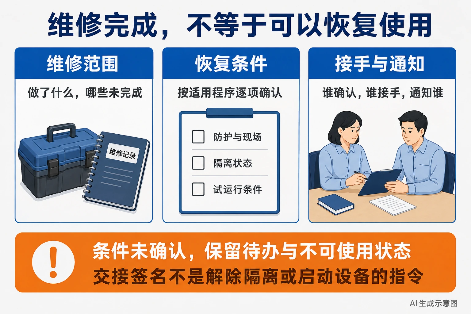 维修完成、待确认事项与接手职责的AI示意图