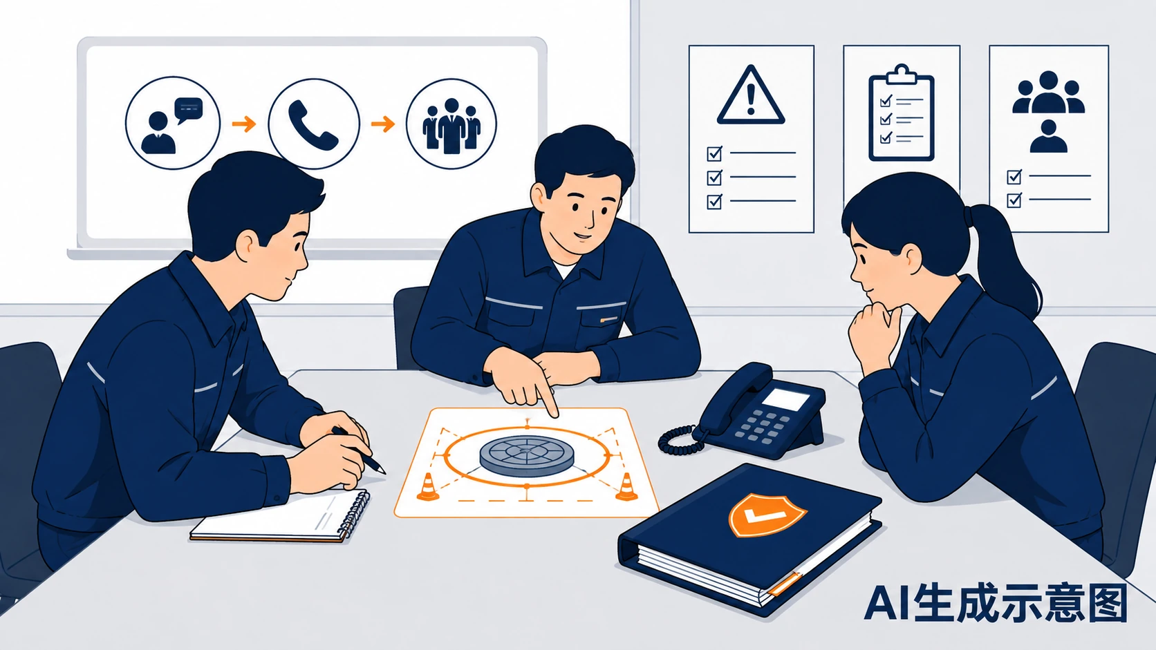 企业人员开展有限空间应急桌面演练的AI示意图,非事故现场