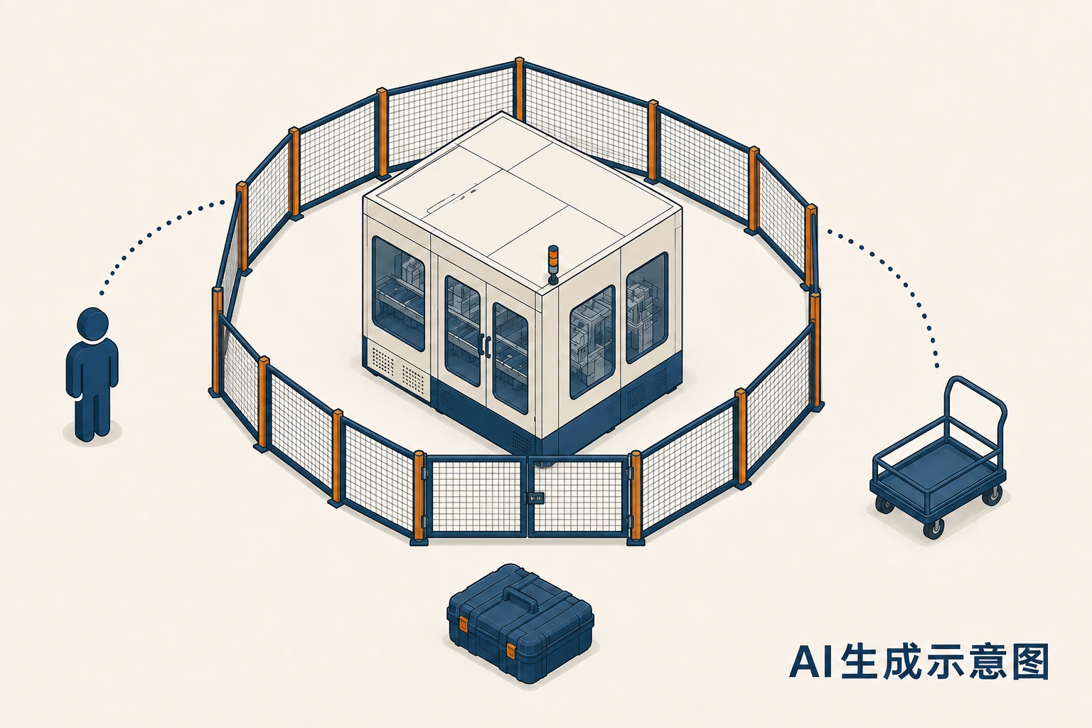 同一隔离模型周围的人员、物料与维护路线关联,AI生成示意图
