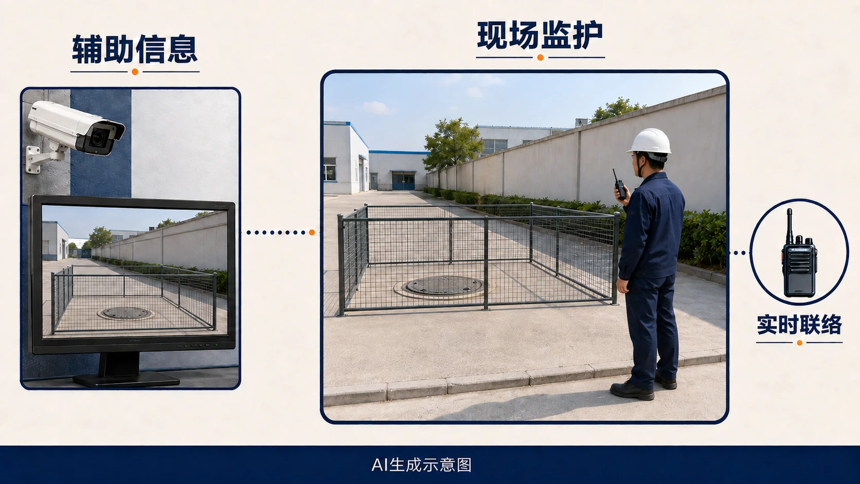 摄像提供信息,现场人员承担持续联络与行动职责,AI生成示意图