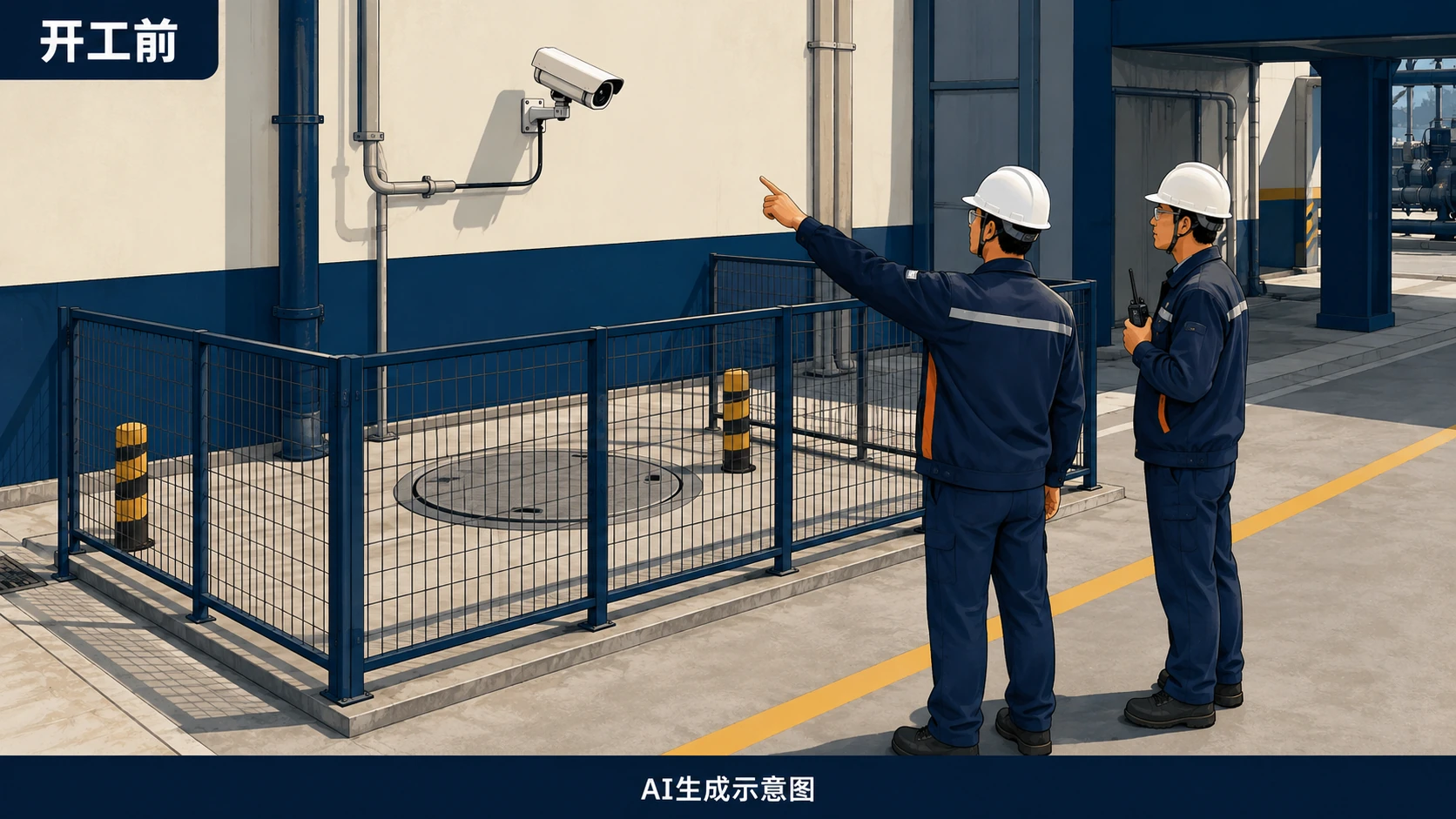开工前辨别摄像辅助信息与现场监护职责,AI生成示意图