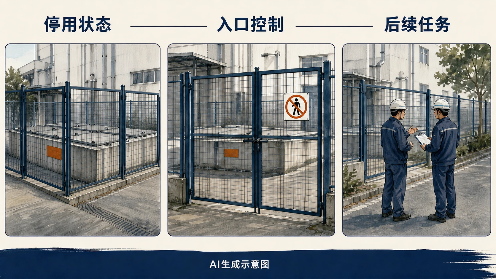 停用对象的状态、台账、入口控制和后续任务分别核查,AI生成示意图
