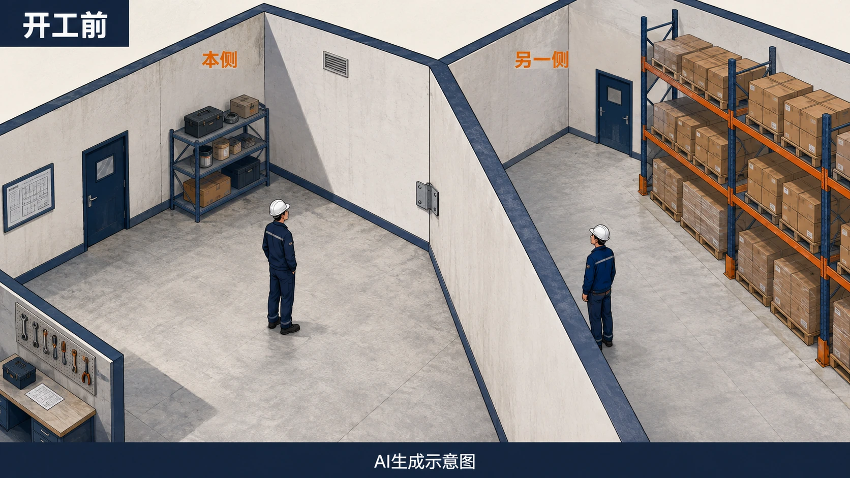 开工前用仓储分隔模型讨论墙体两侧的实际情况,AI生成示意图