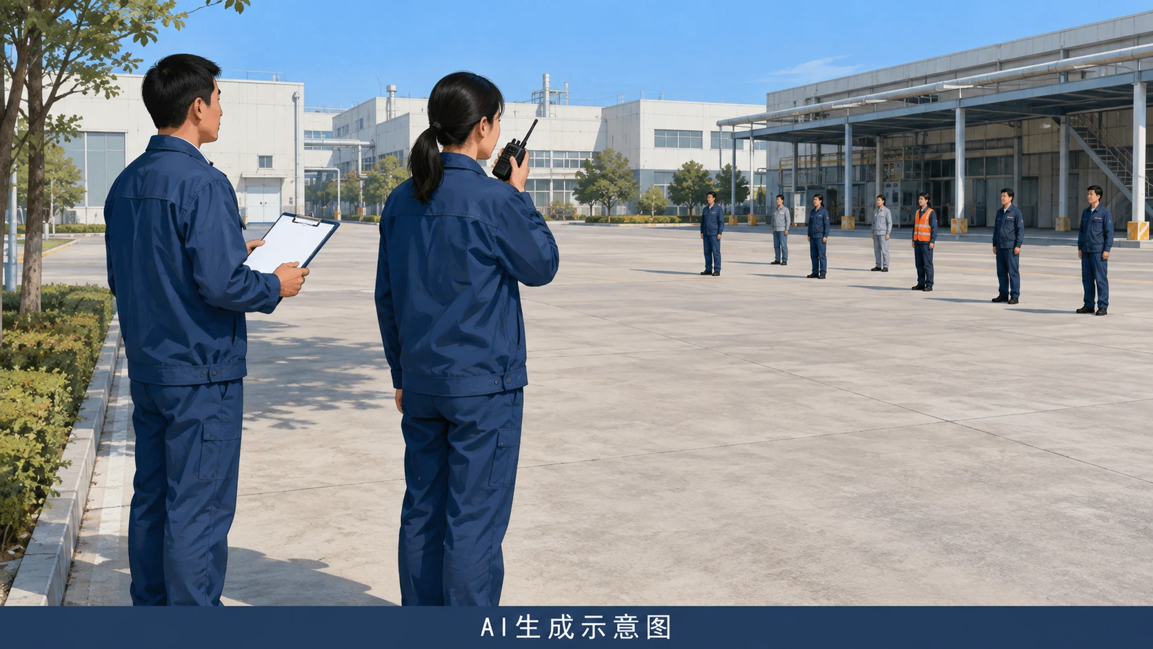 AI生成示意图:安全演练观察员记录通联和集合信息。