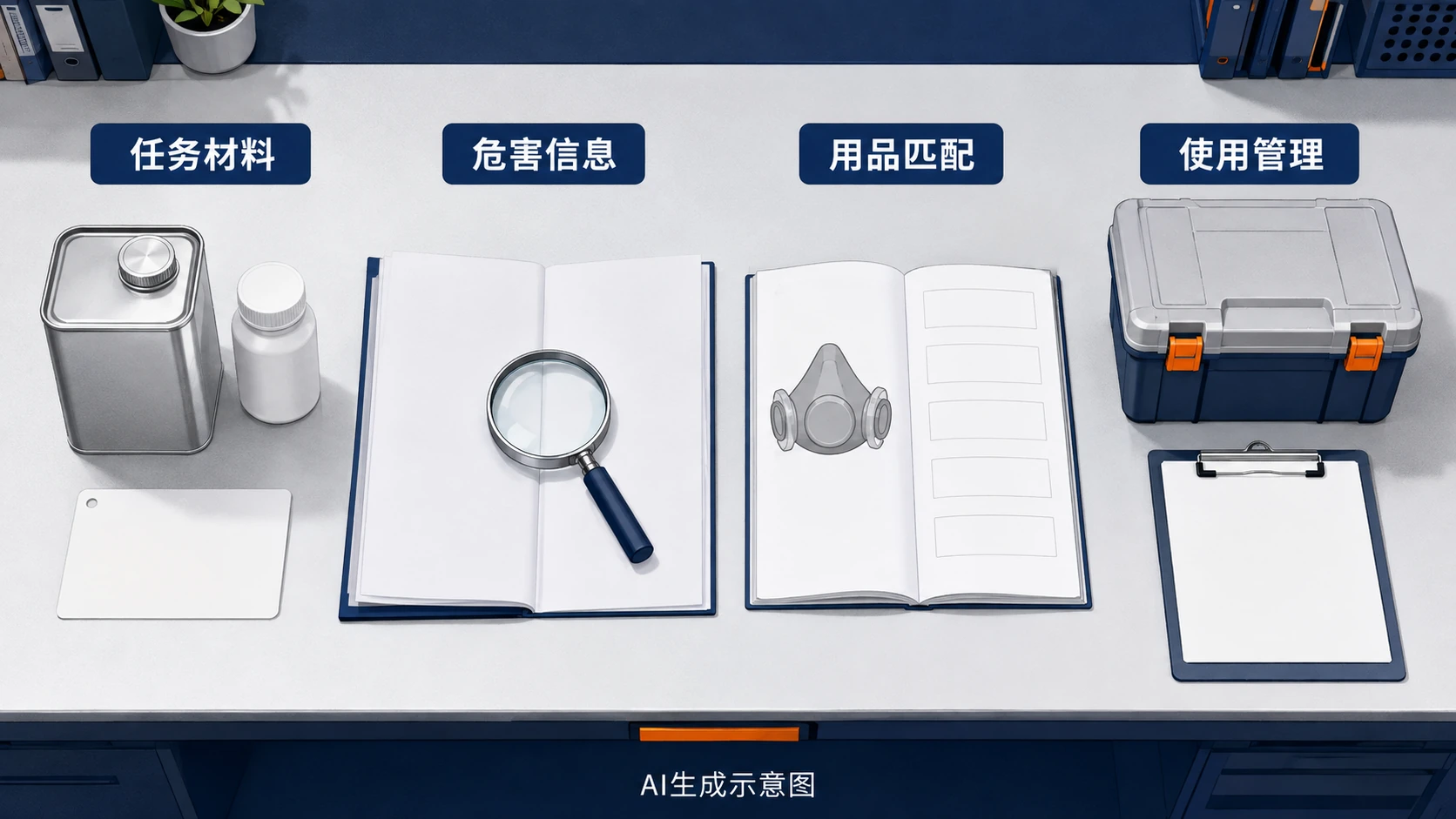 AI生成示意图:材料任务、危害信息、用品匹配和使用管理的抽象核查关系。