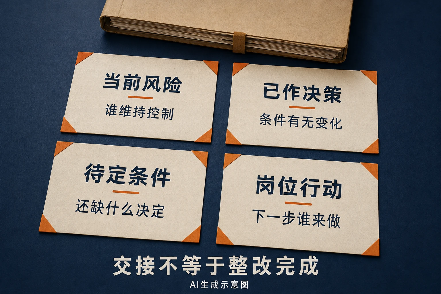当前风险、已作决策、待定条件和岗位行动分别核查,交接不等于整改完成,AI生成示意图