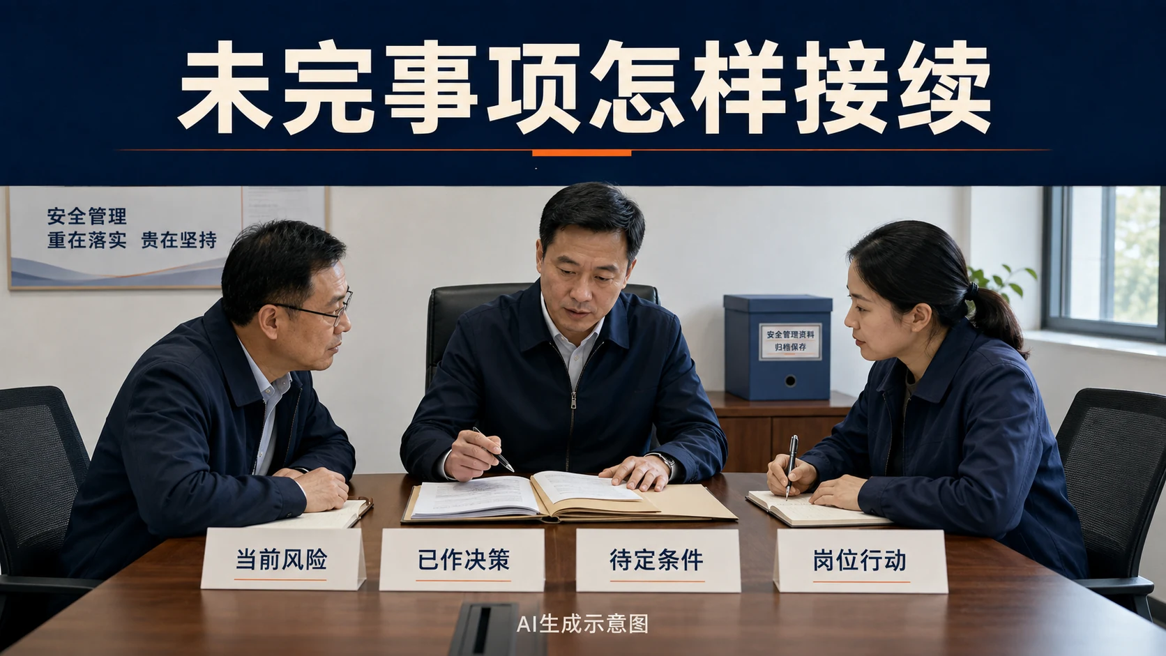 负责人和内部岗位讨论未完安全事项的接续,AI生成示意图