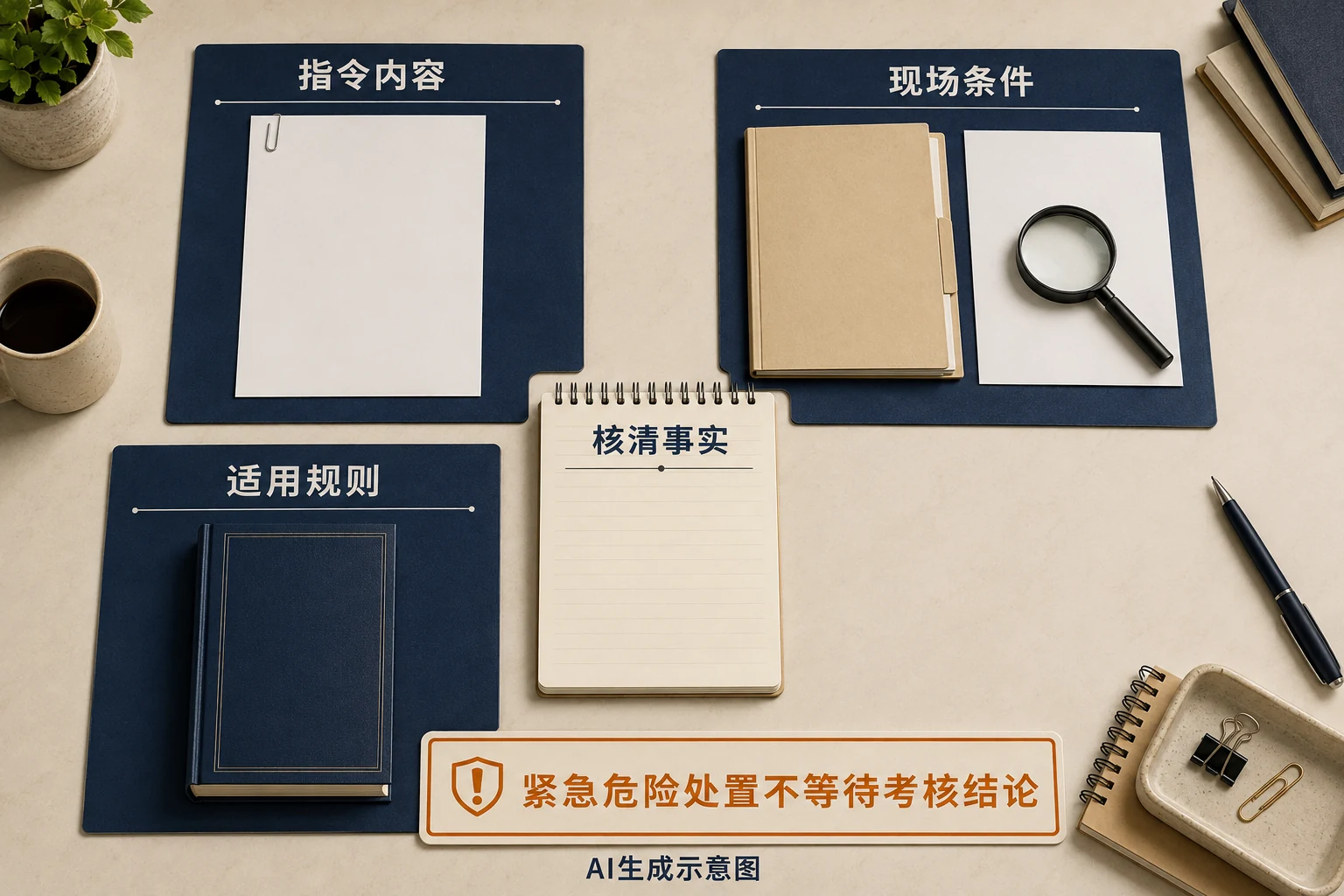 核对指令内容、现场条件和适用规则,紧急危险处置不等待考核结论,AI生成示意图