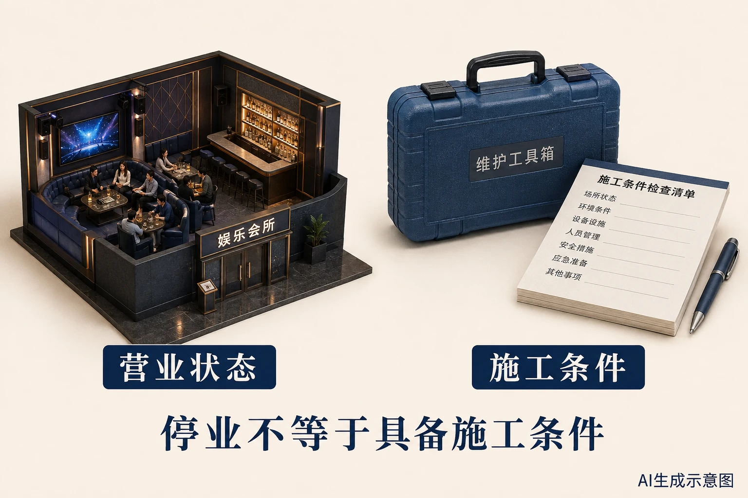 营业状态与施工条件分别核对,示意清单不是完整检查表,AI生成示意图