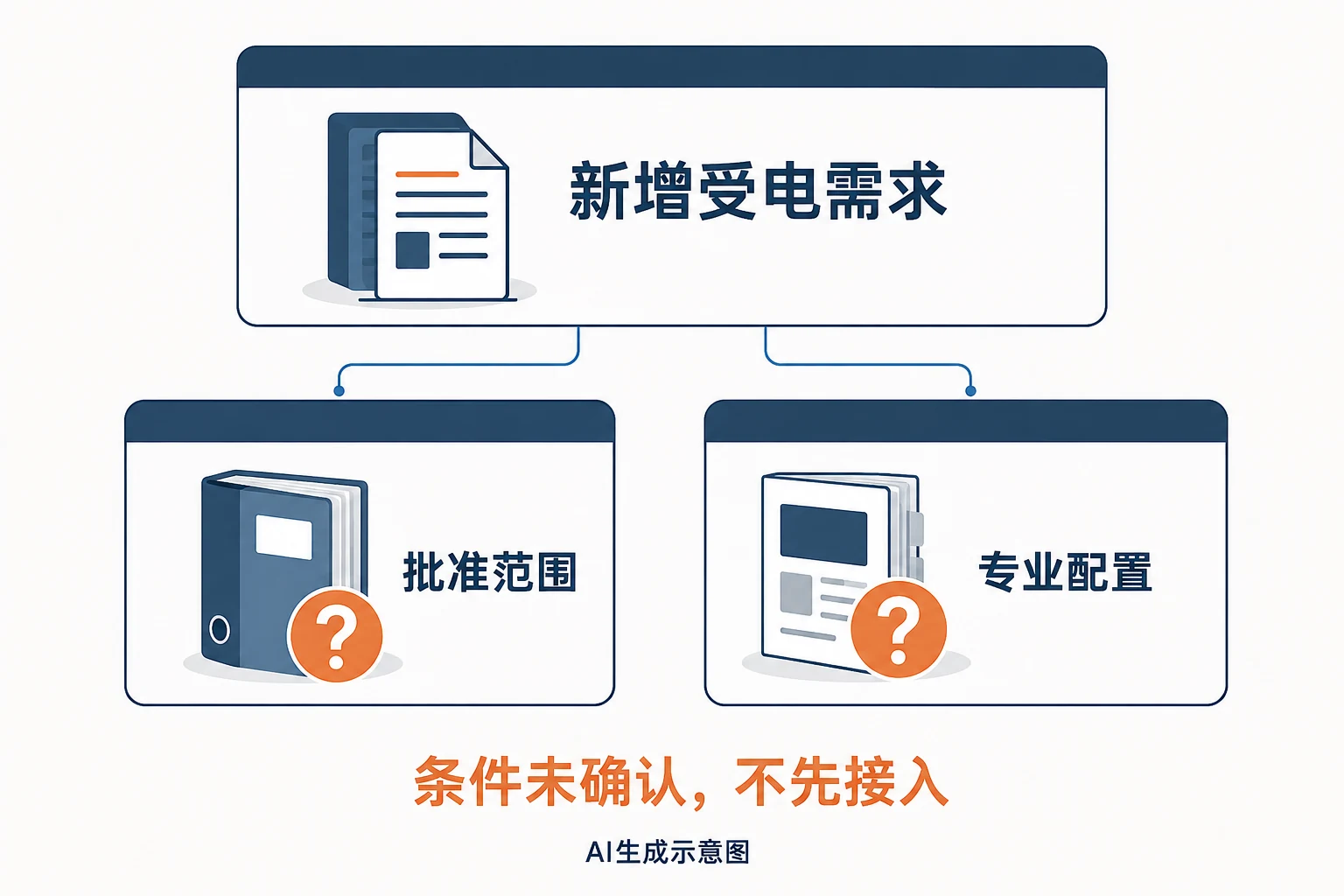 原批准任务、新增受电需求和专业核查分别对应的关系示意,AI生成示意图。