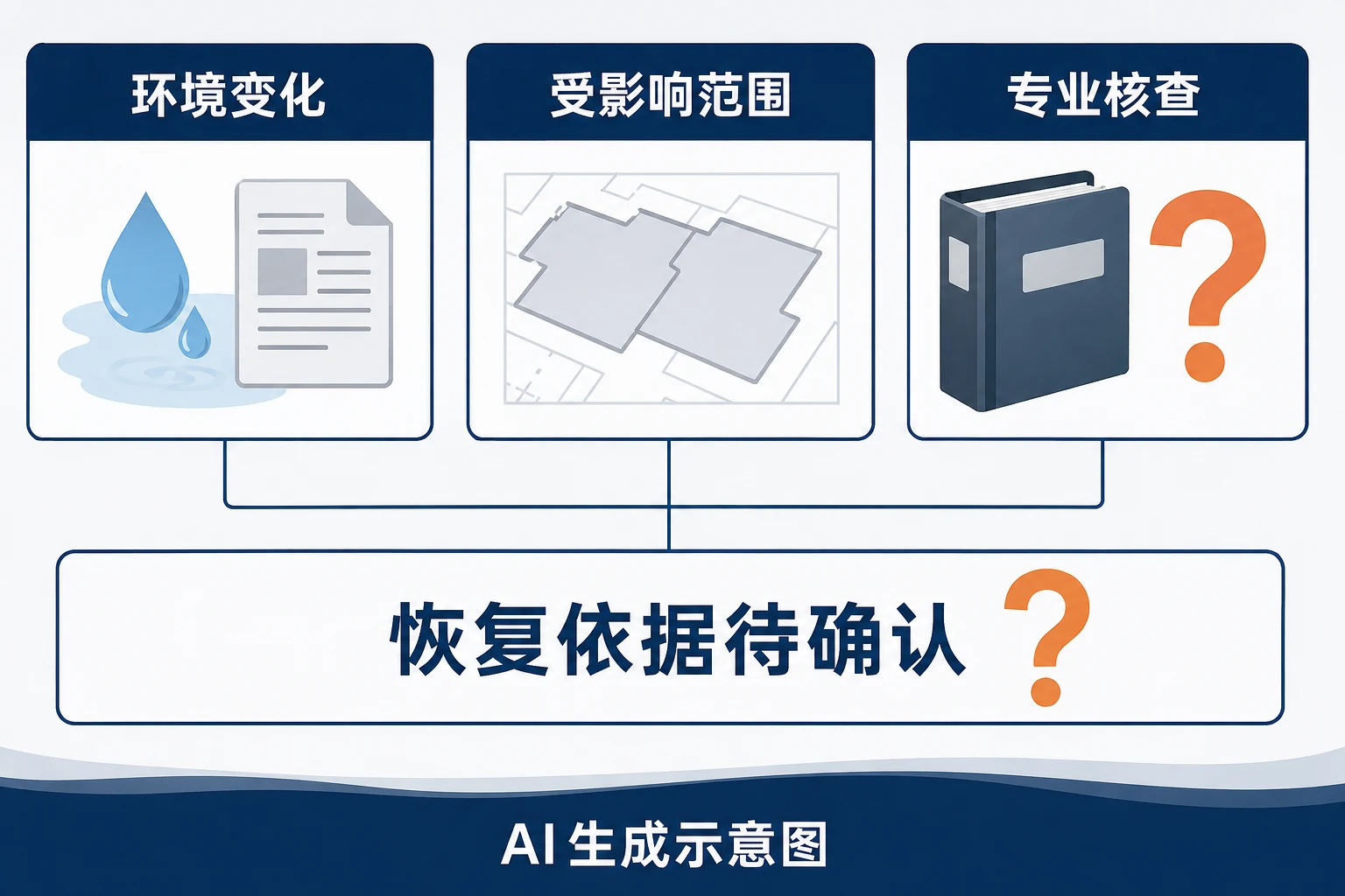 环境变化、受影响范围与专业核查共同指向待确认的恢复依据,AI生成示意图。