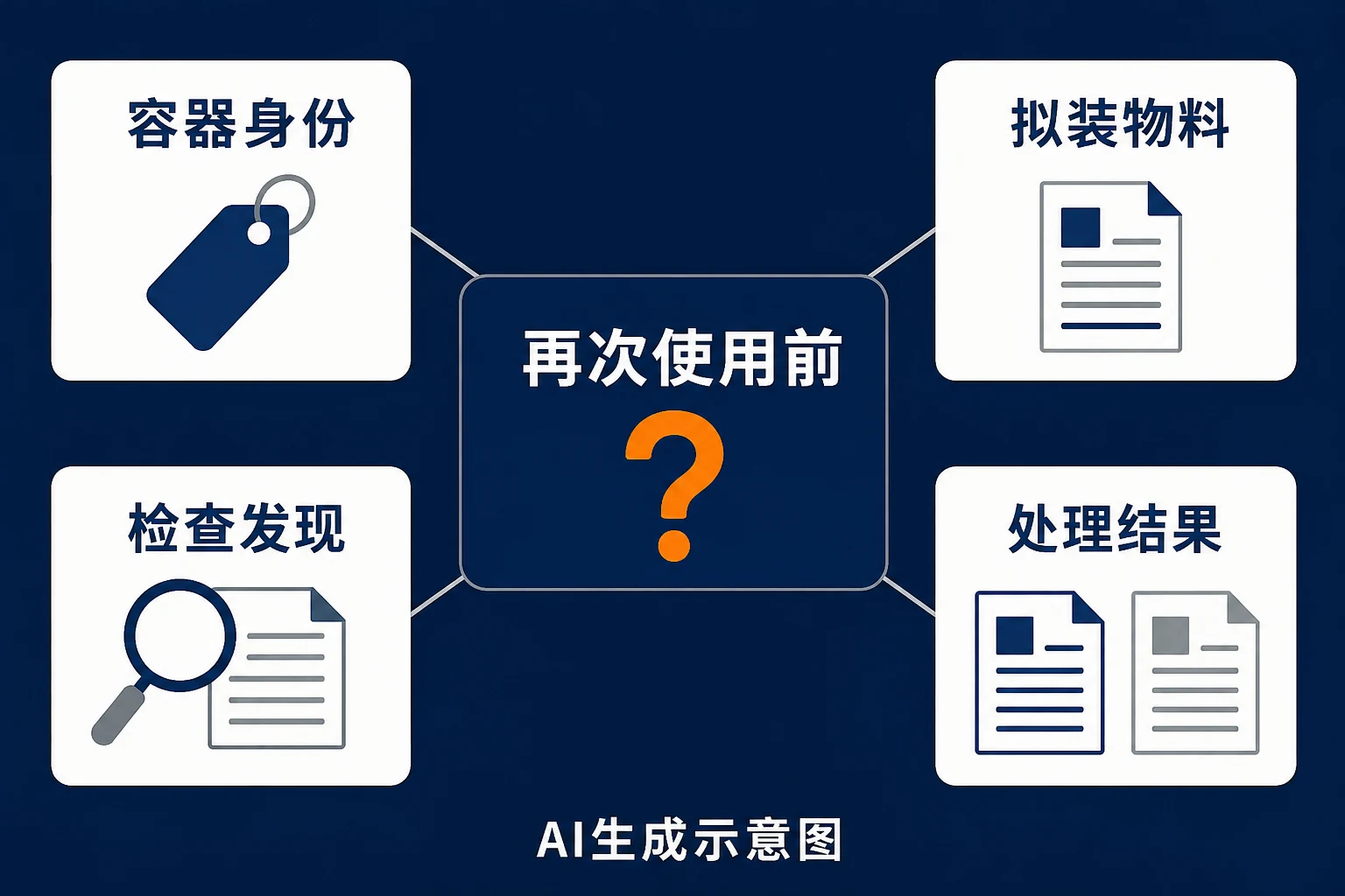 容器身份、拟装物料、检查发现与处理结果共同对应再次使用前判断,AI生成示意图。