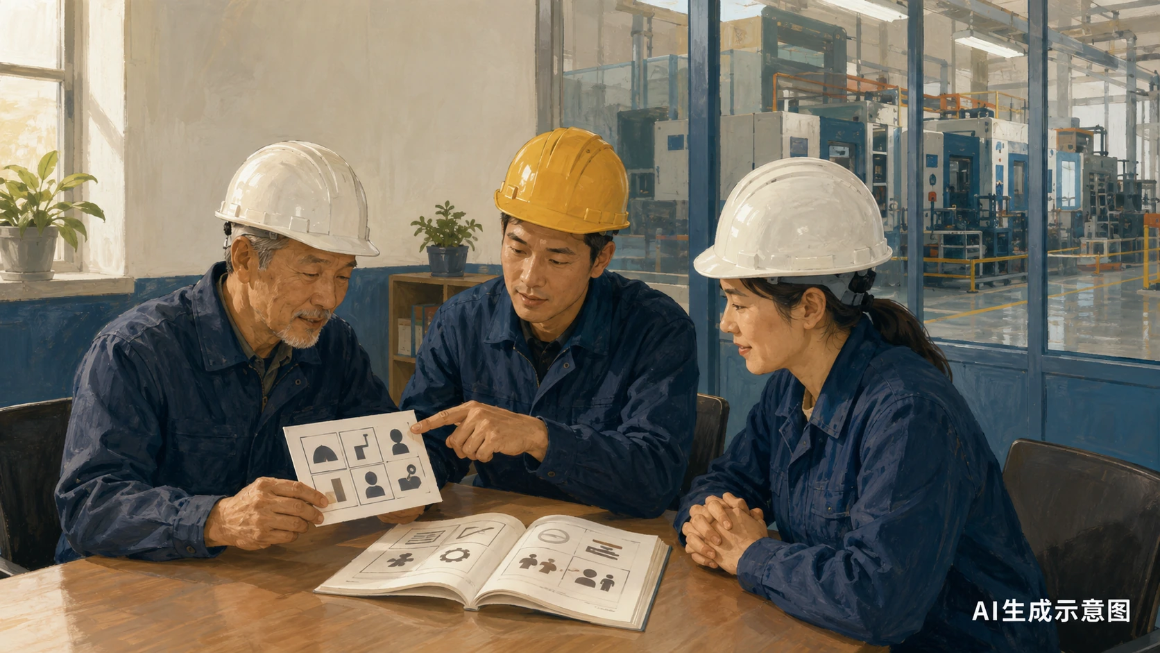 AI生成示意图:班组安全教学区内,师傅与学员向班组负责人指出教学任务卡和规程之间的一处差异。