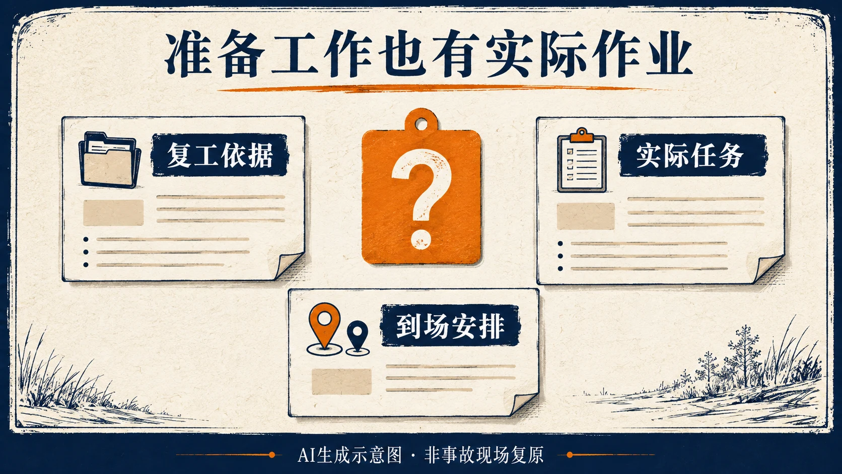 复工依据、实际任务和到场安排三个核对对象,AI生成,非事故现场复原