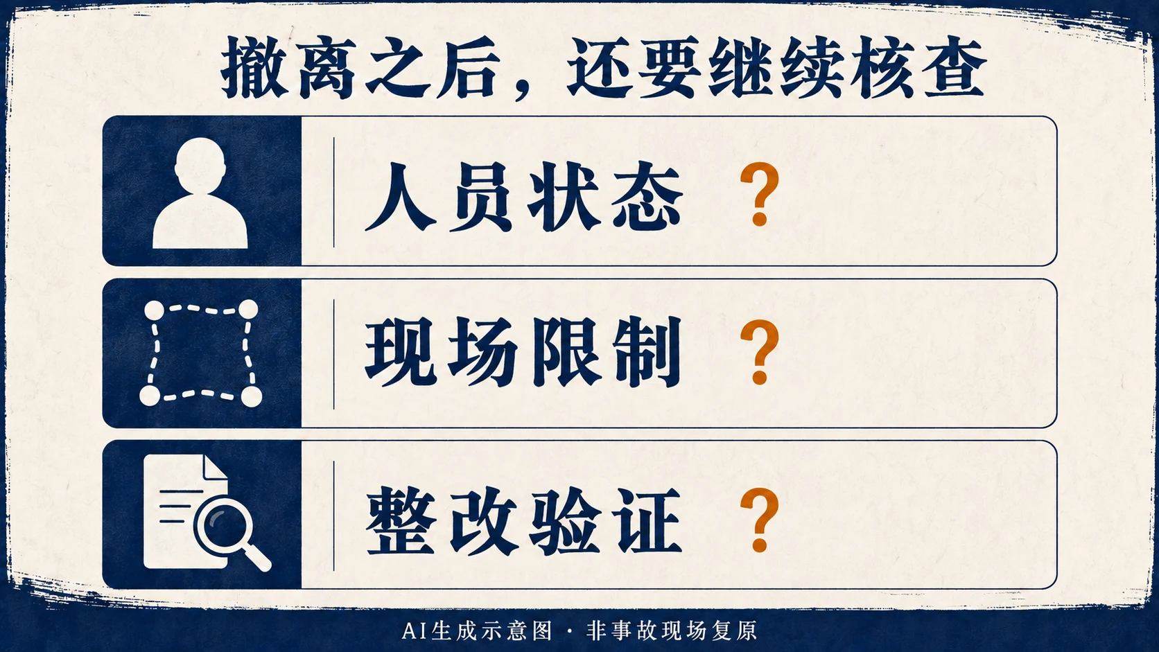 人员状态、现场限制和整改验证三个核对对象,AI生成,非事故现场复原