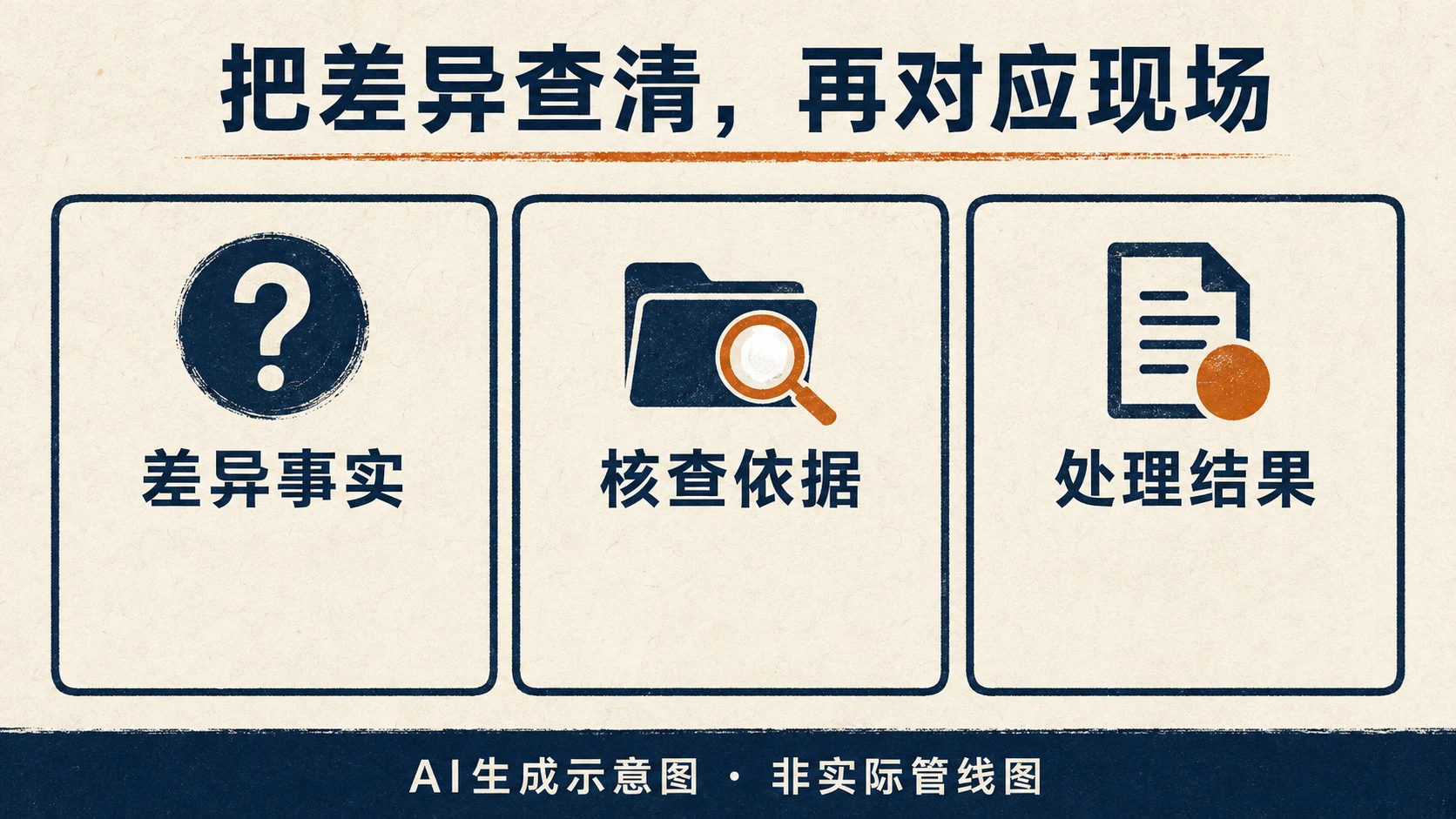 差异事实、核查依据和处理结果三个记录对象,AI生成,非实际管线图