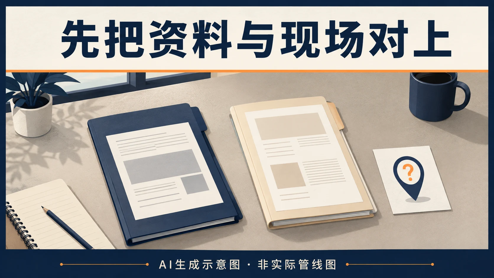 资料版本与现场标记依据分别核查的桌面示意,AI生成,非实际管线图