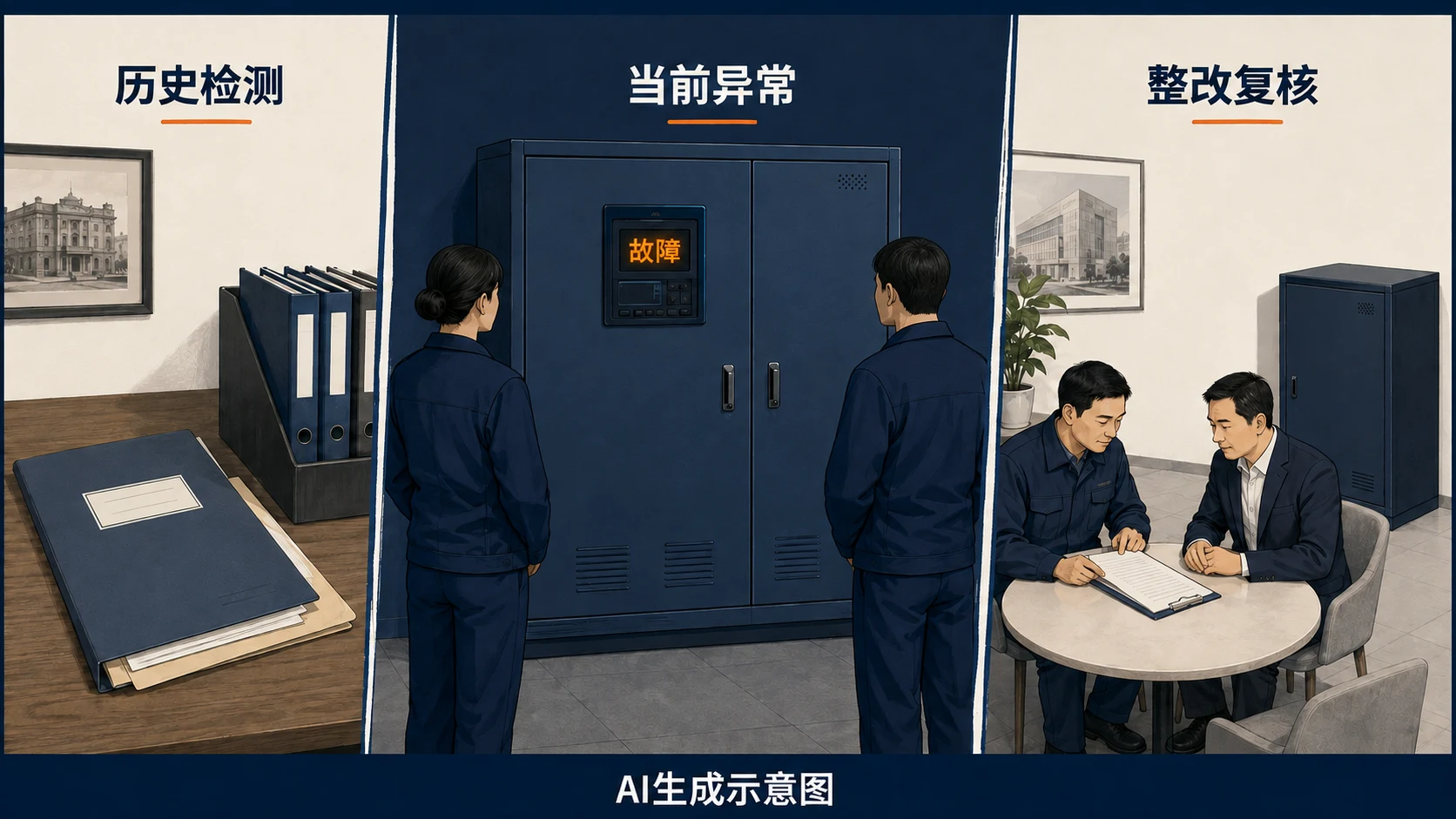 AI生成示意图:历史检测资料、当前故障观察与维修后验证分别呈现,三个状态没有合格勾选