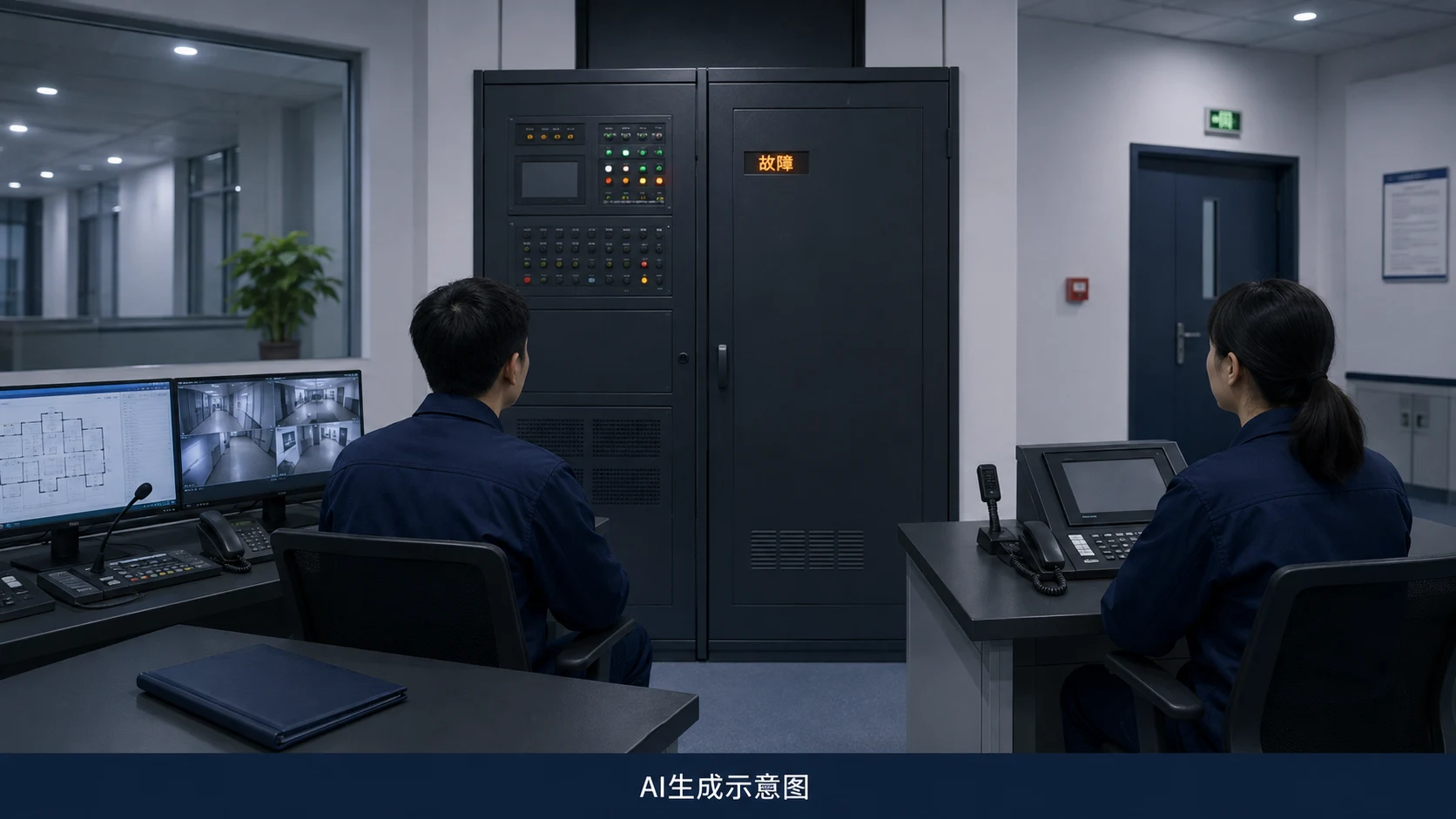AI生成示意图:值班人员观察消防控制设备的故障提示,历史报告放在旁边,人员没有操作按钮