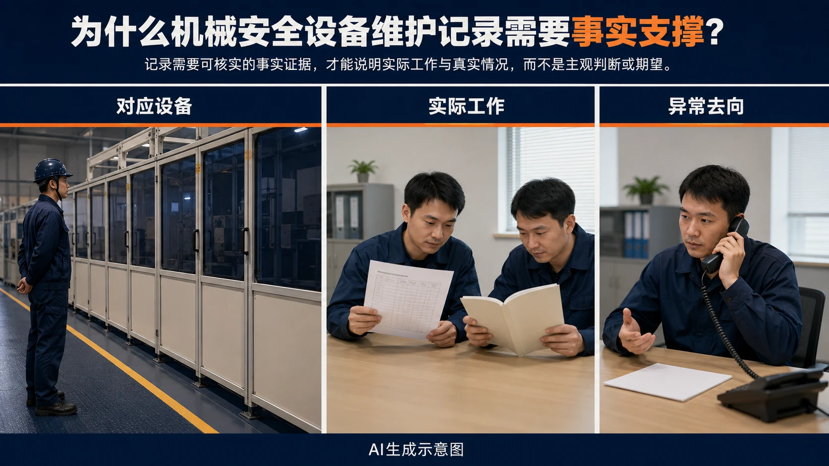 AI生成示意图:设备对象、实际维护依据和异常后续分别呈现,记录不等同运行许可