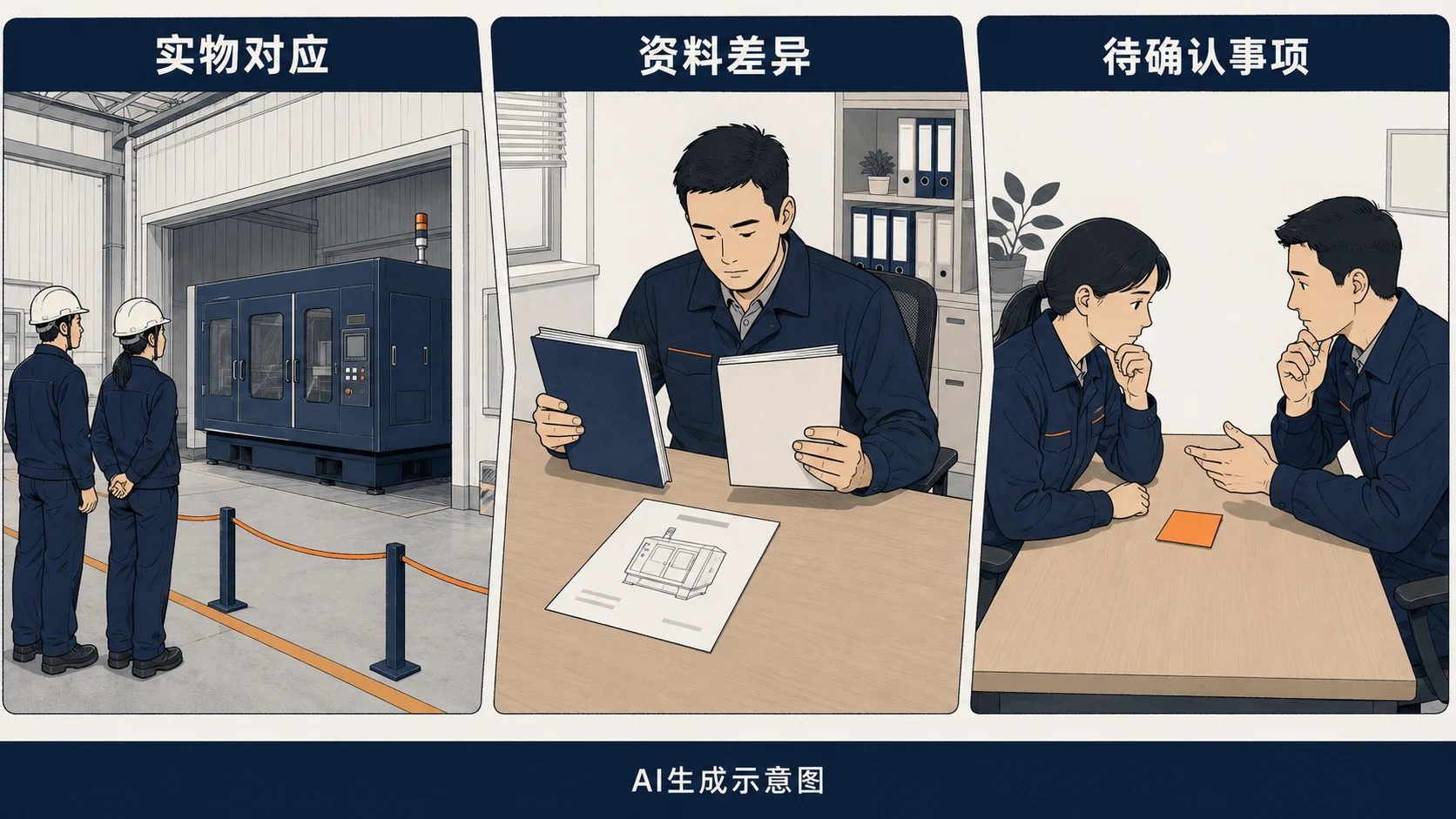 AI生成示意图:实物识别、资料差异和待确认事项分别记录,不构成开机许可