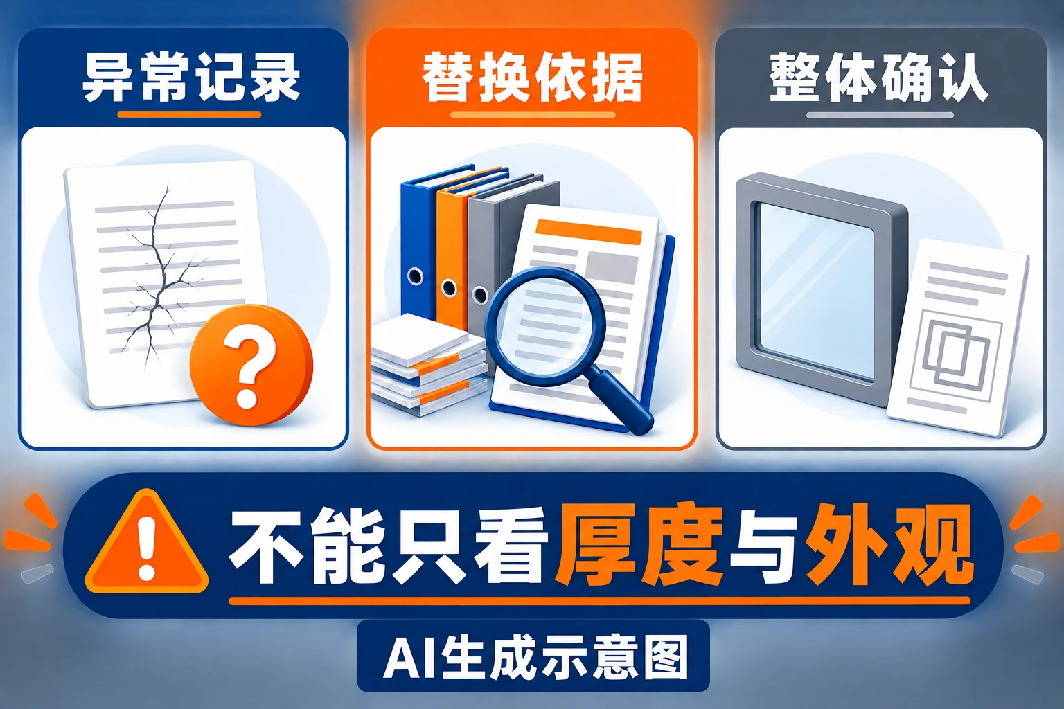 异常记录、替换依据与处理后确认三个核查环节,AI生成示意图。