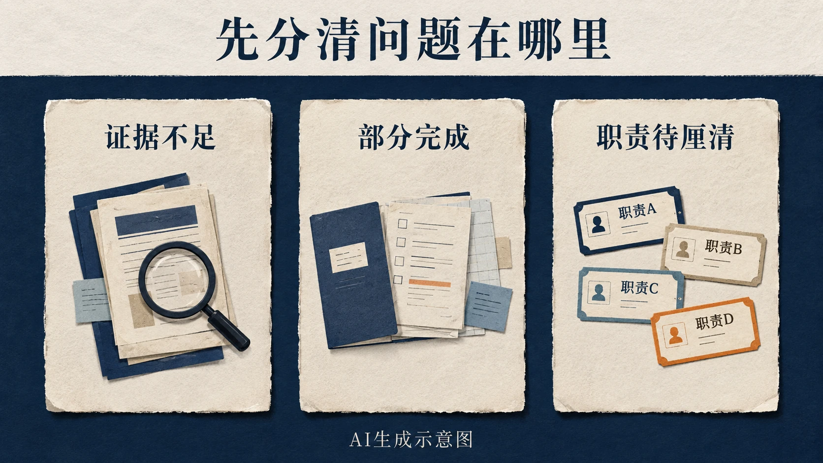 证据不足、部分完成和职责待厘清三类问题,AI生成示意图