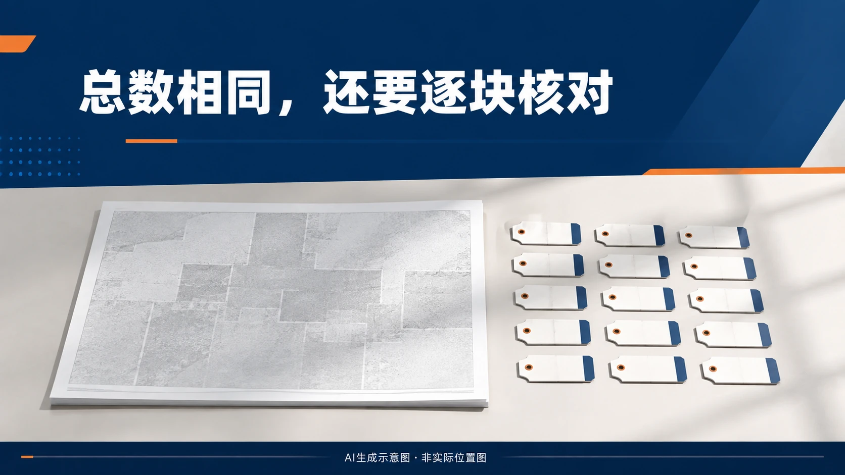 逐块核对盲板编号记录的抽象桌面,AI生成,非实际位置图
