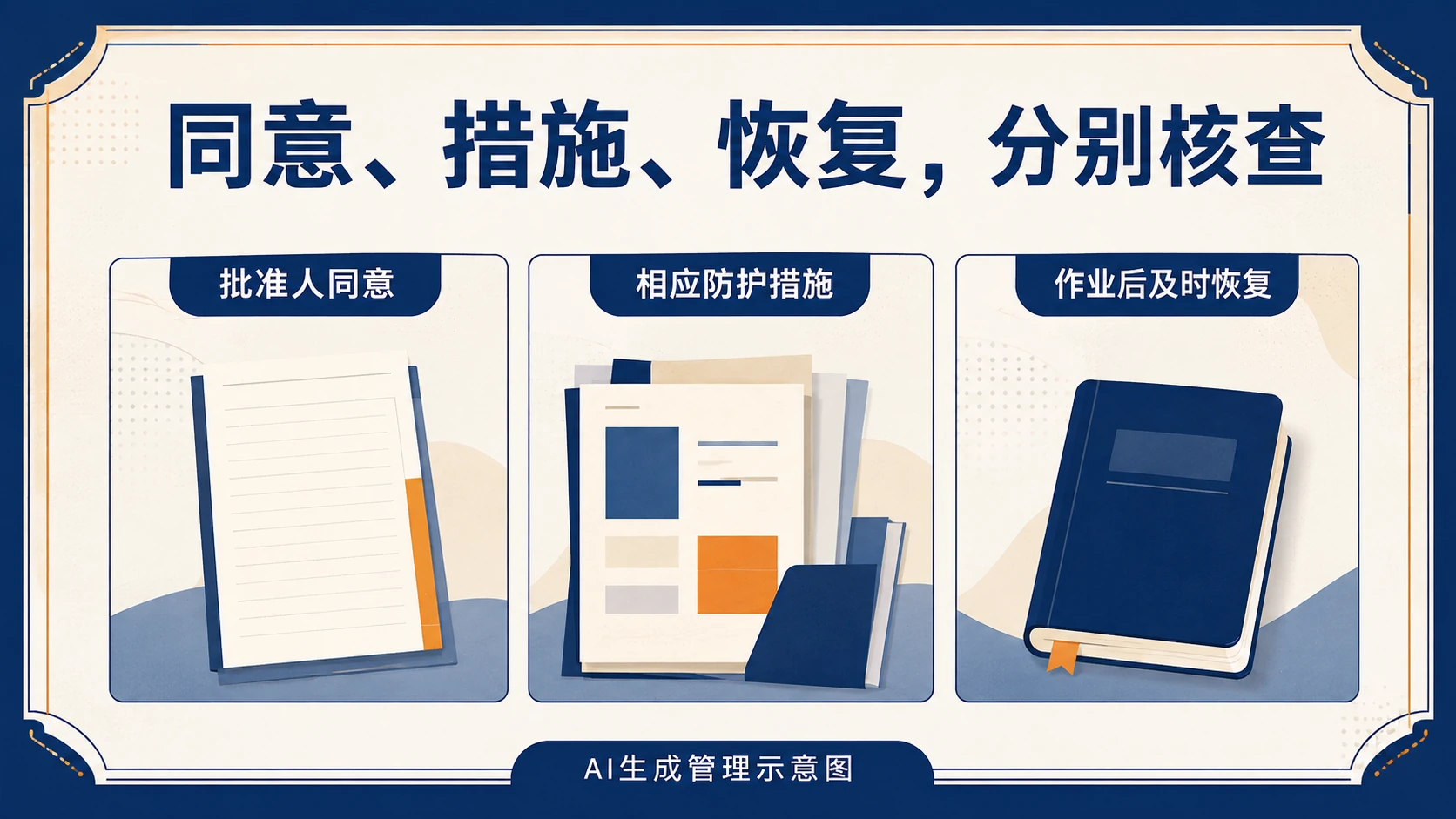批准人同意、相应措施与及时恢复三个核查对象,AI生成示意图