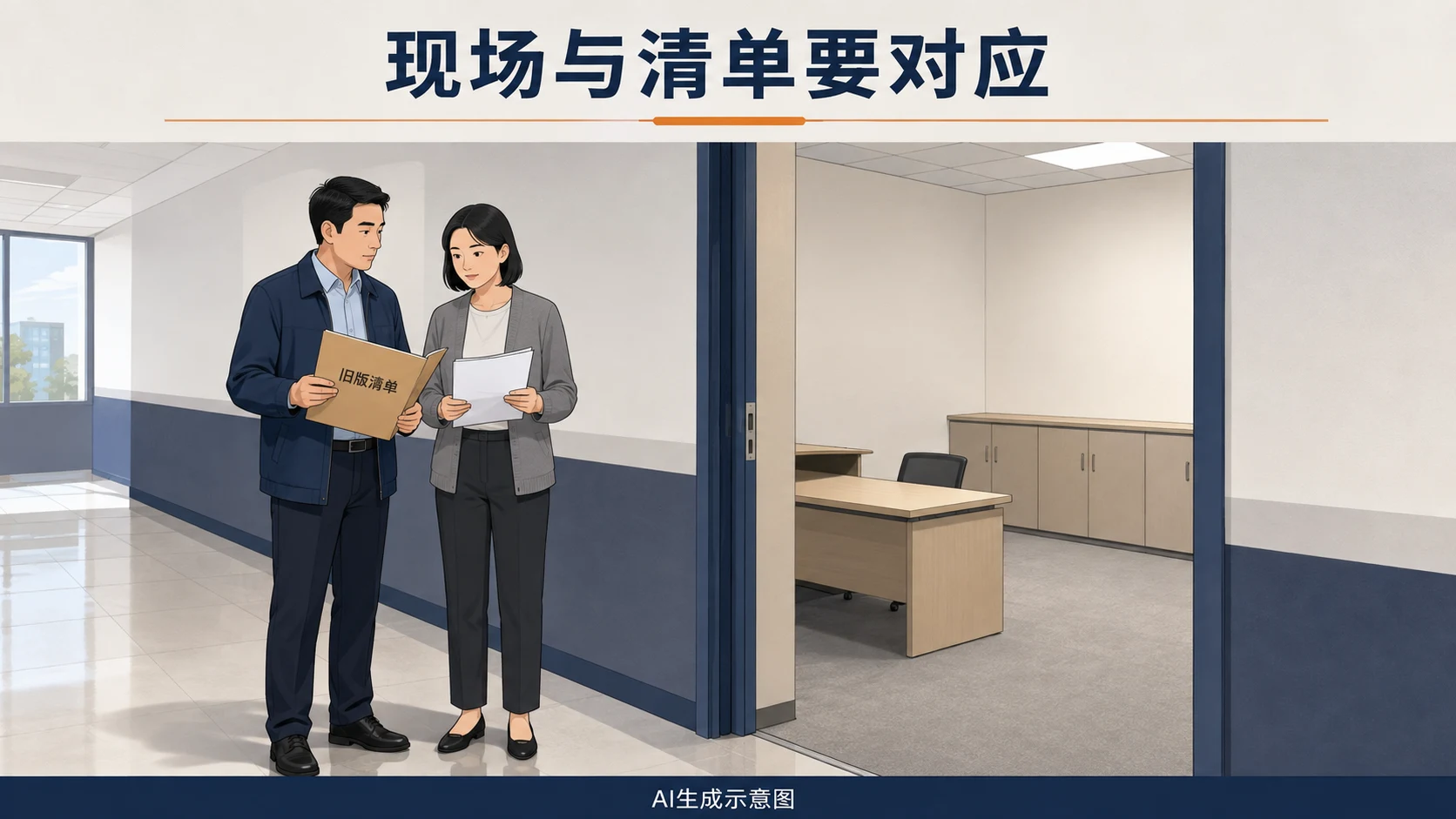AI生成示意图:工作人员在房间外对照现场与旧版部位清单