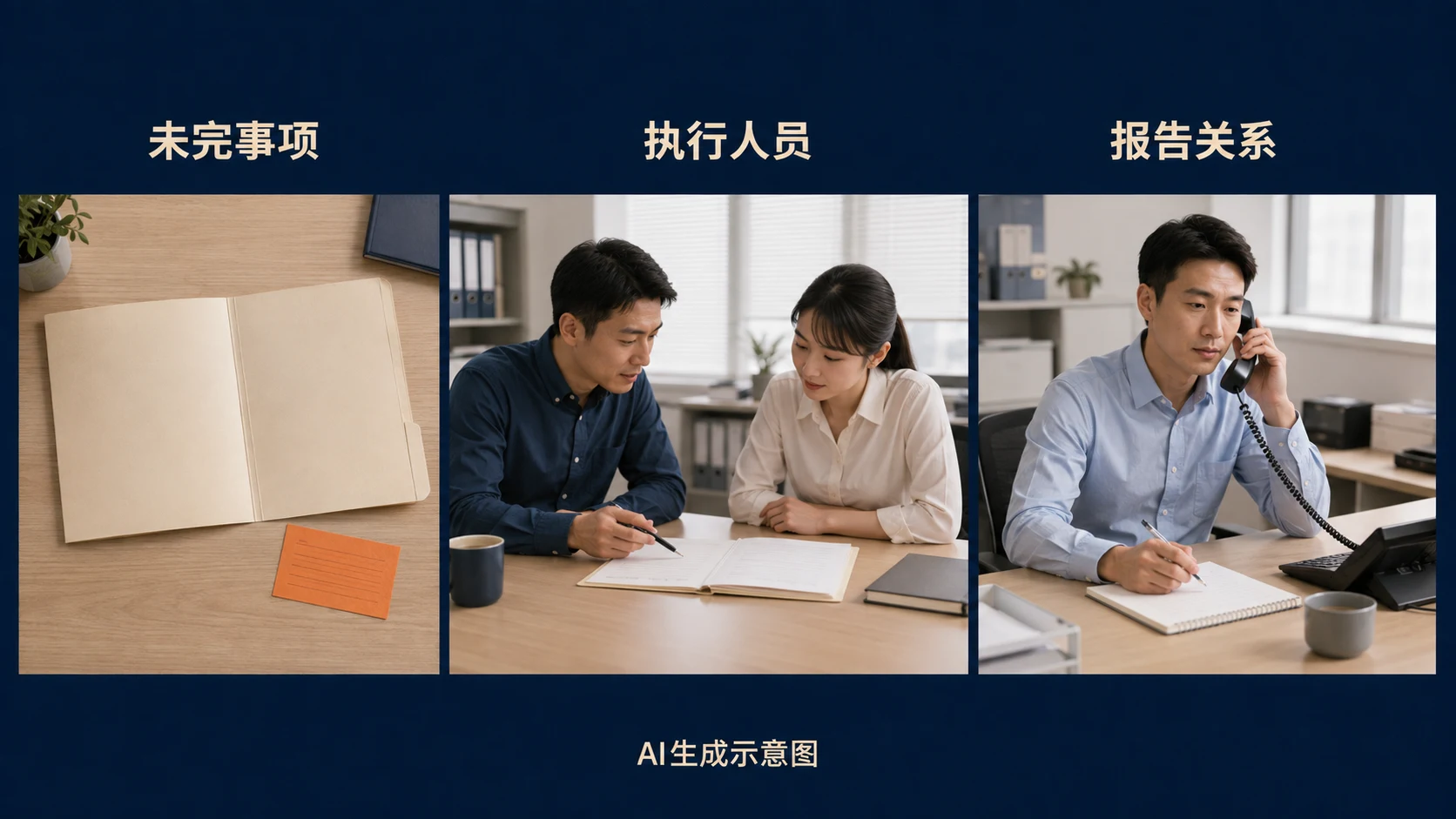 AI生成示意图:未完事项、执行人员和报告关系分别核对