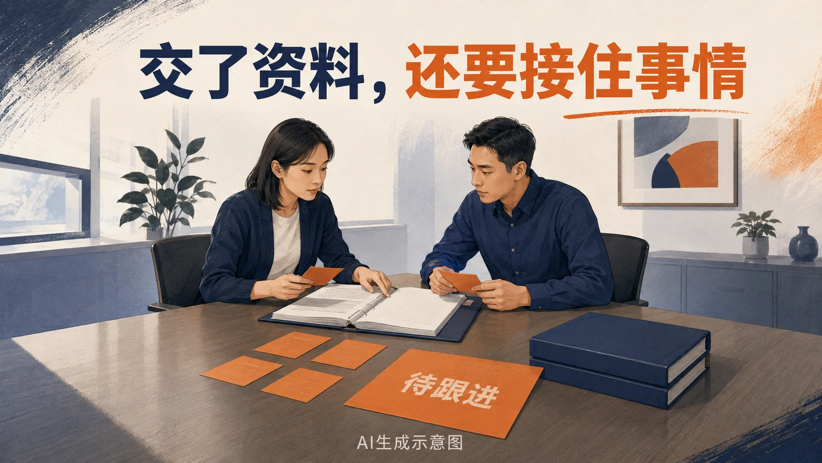 AI生成示意图:两人在办公室交接文件并核对待办事项