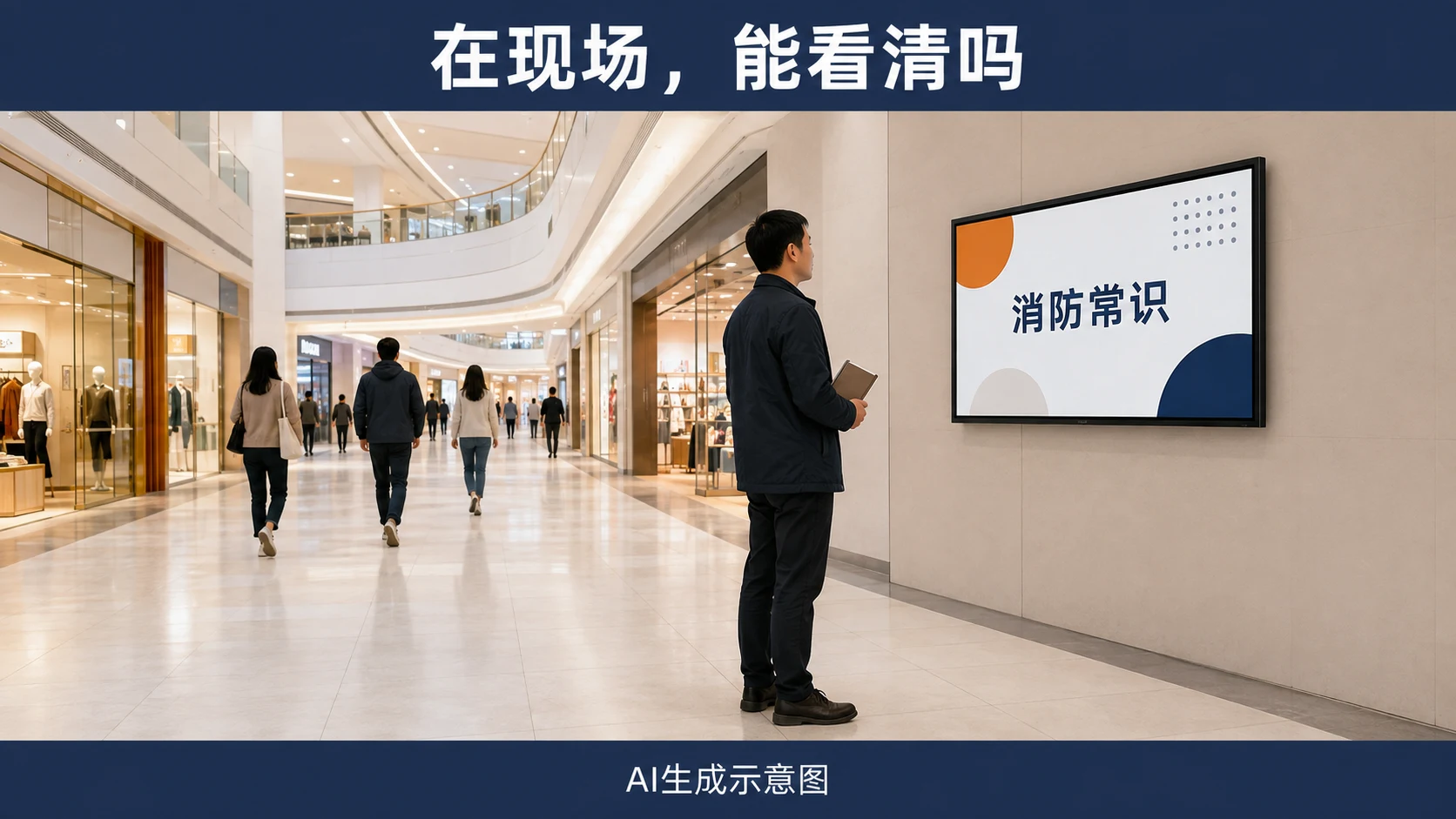 AI生成示意图:商场工作人员从公众经过的位置查看宣传屏