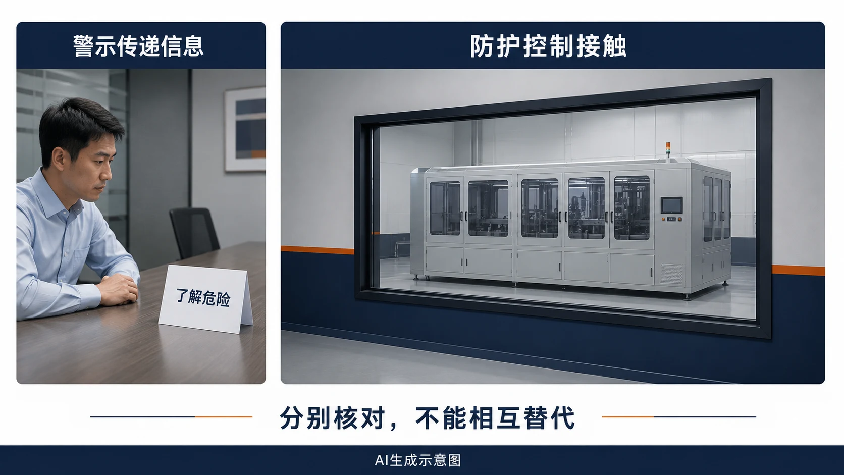 AI生成示意图:警示传递信息,工程措施改变危险接触条件,两种作用分别核对