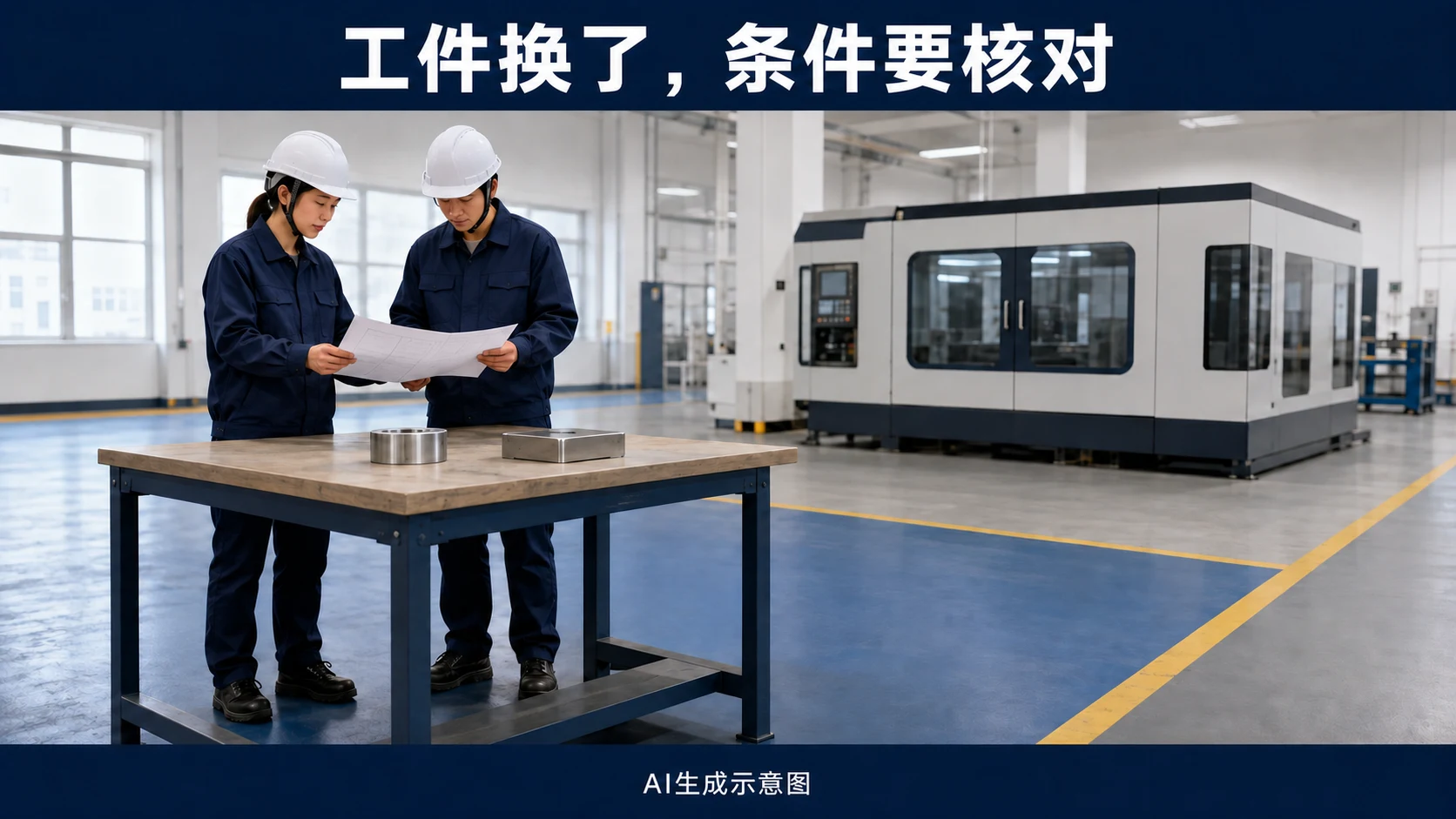 AI生成示意图:人员在准备区对照不同工件的资料,机械保持封闭