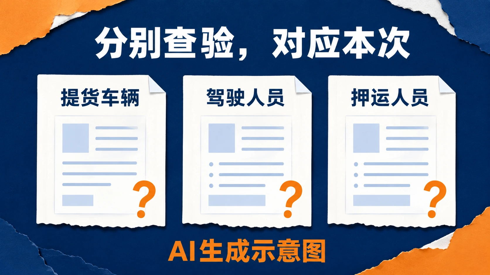 车辆、驾驶人员和押运人员三项查验对象的资料卡示意,AI生成示意图
