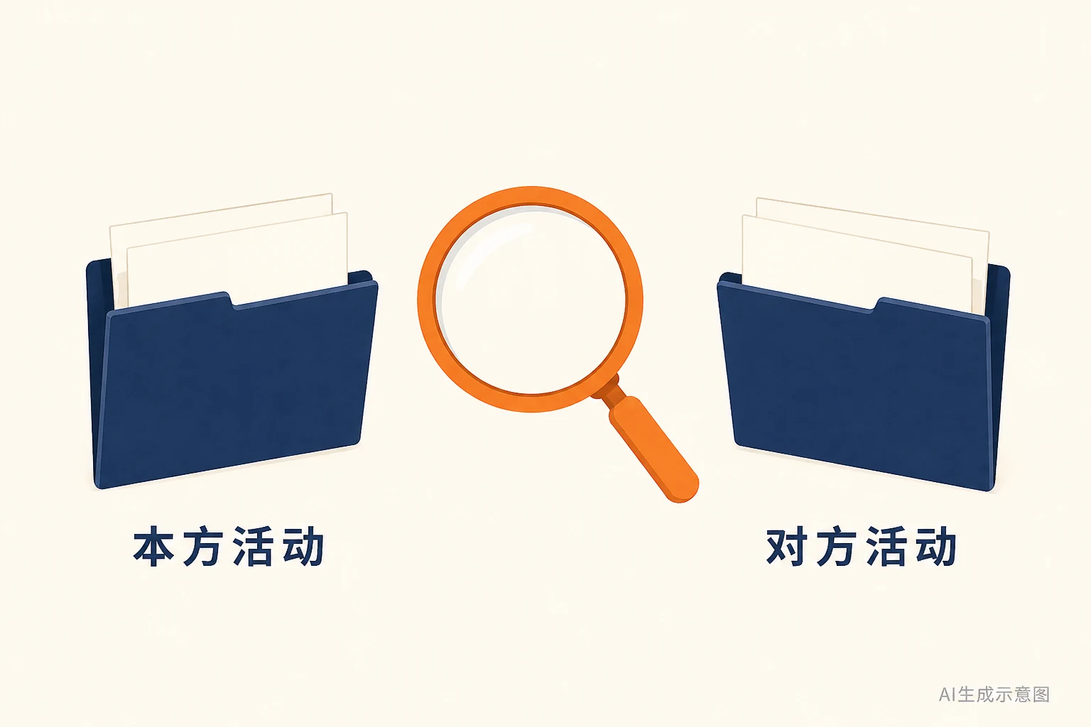 两份活动资料与中央放大镜的AI生成示意图