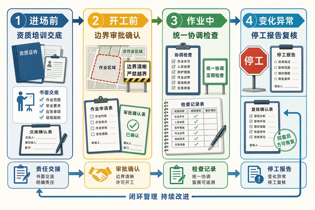 四节点图示外包作业进场前、开工前、作业中、变化异常的责任闭环
