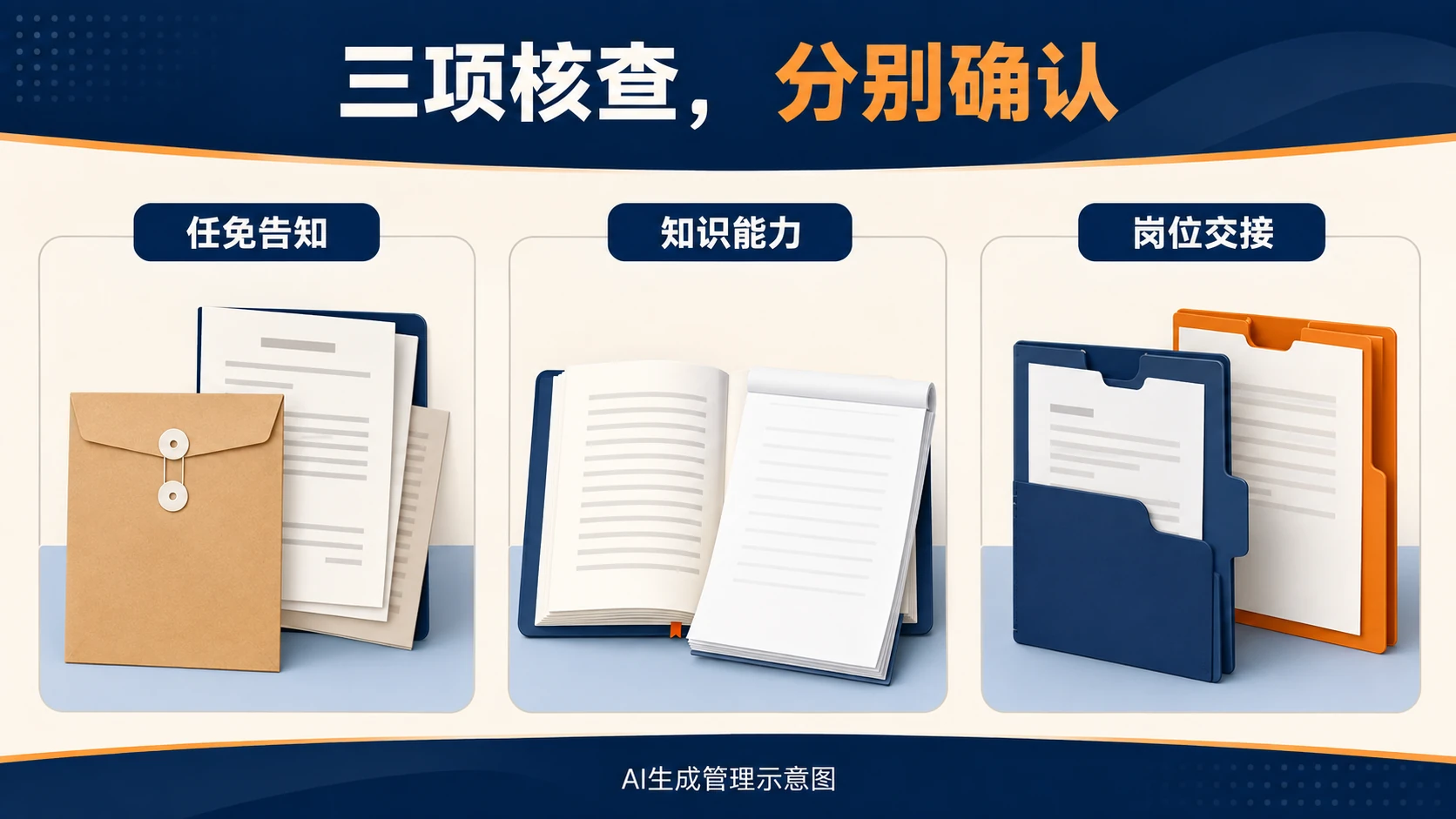 任免告知、知识能力和岗位交接分别核查,AI生成管理示意图