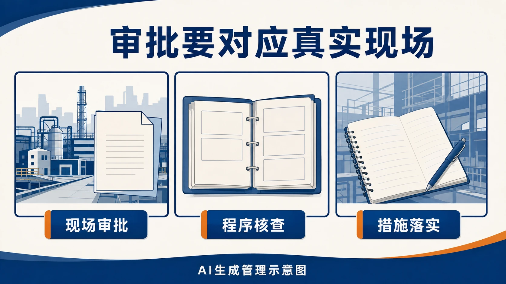 现场审批、程序核查与措施落实三项观察,AI生成管理示意图