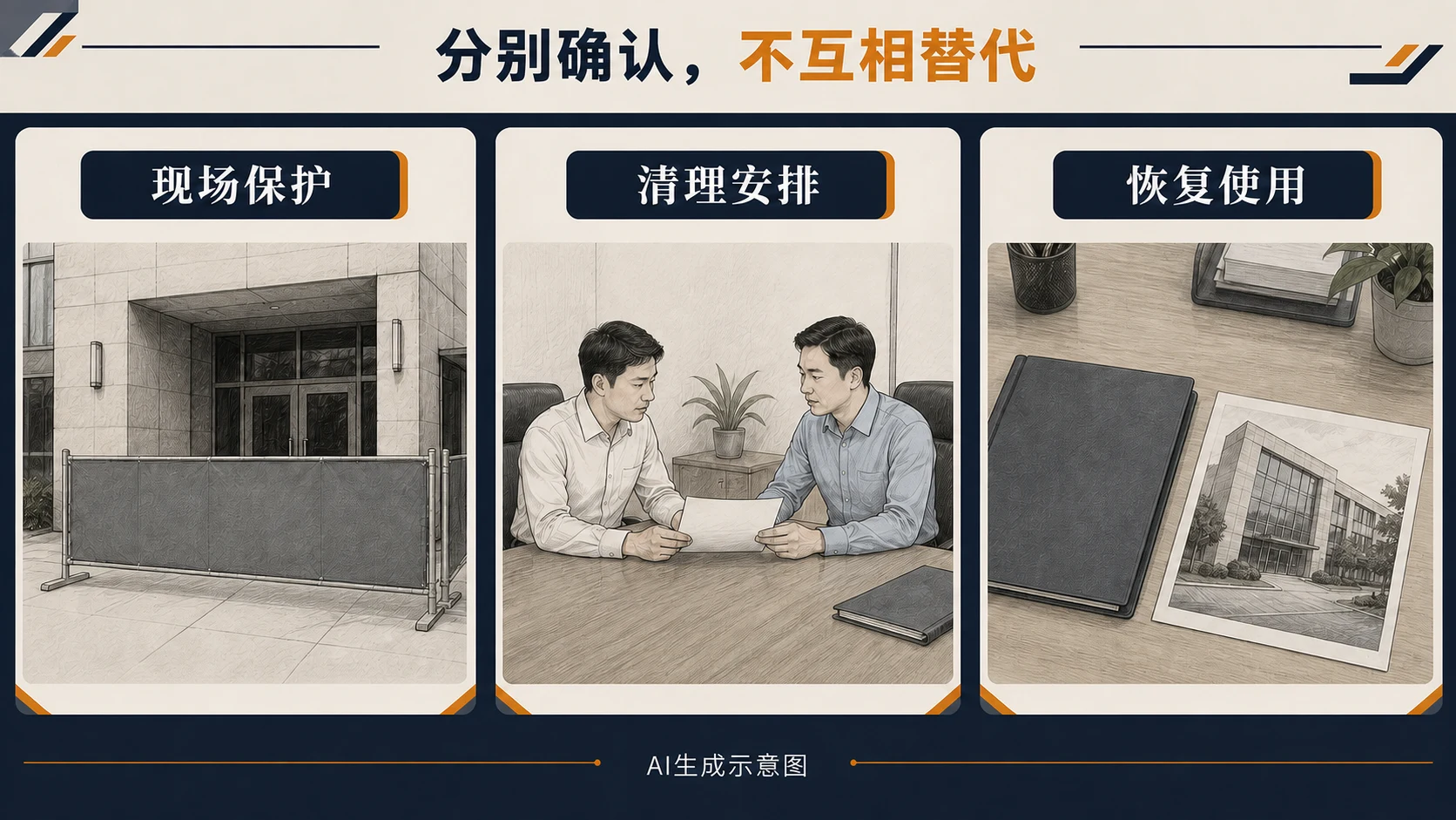 AI生成示意图:现场保护、清理安排和恢复使用分别确认