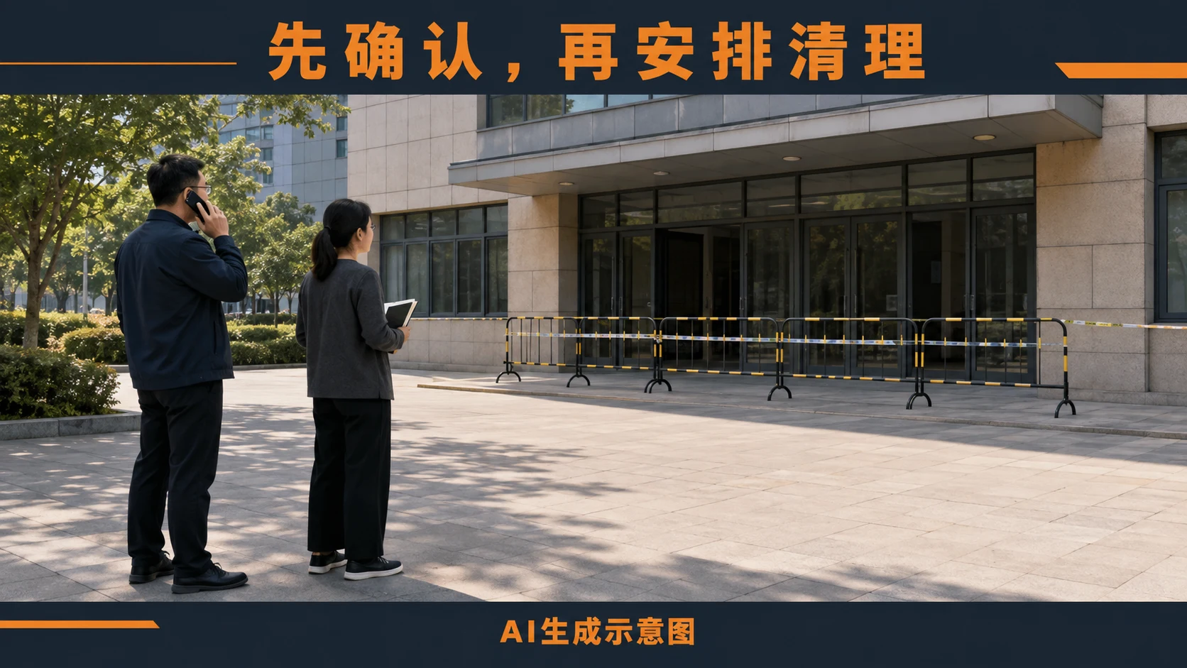 AI生成示意图:单位人员在受控区域外联系确认,不进入清理