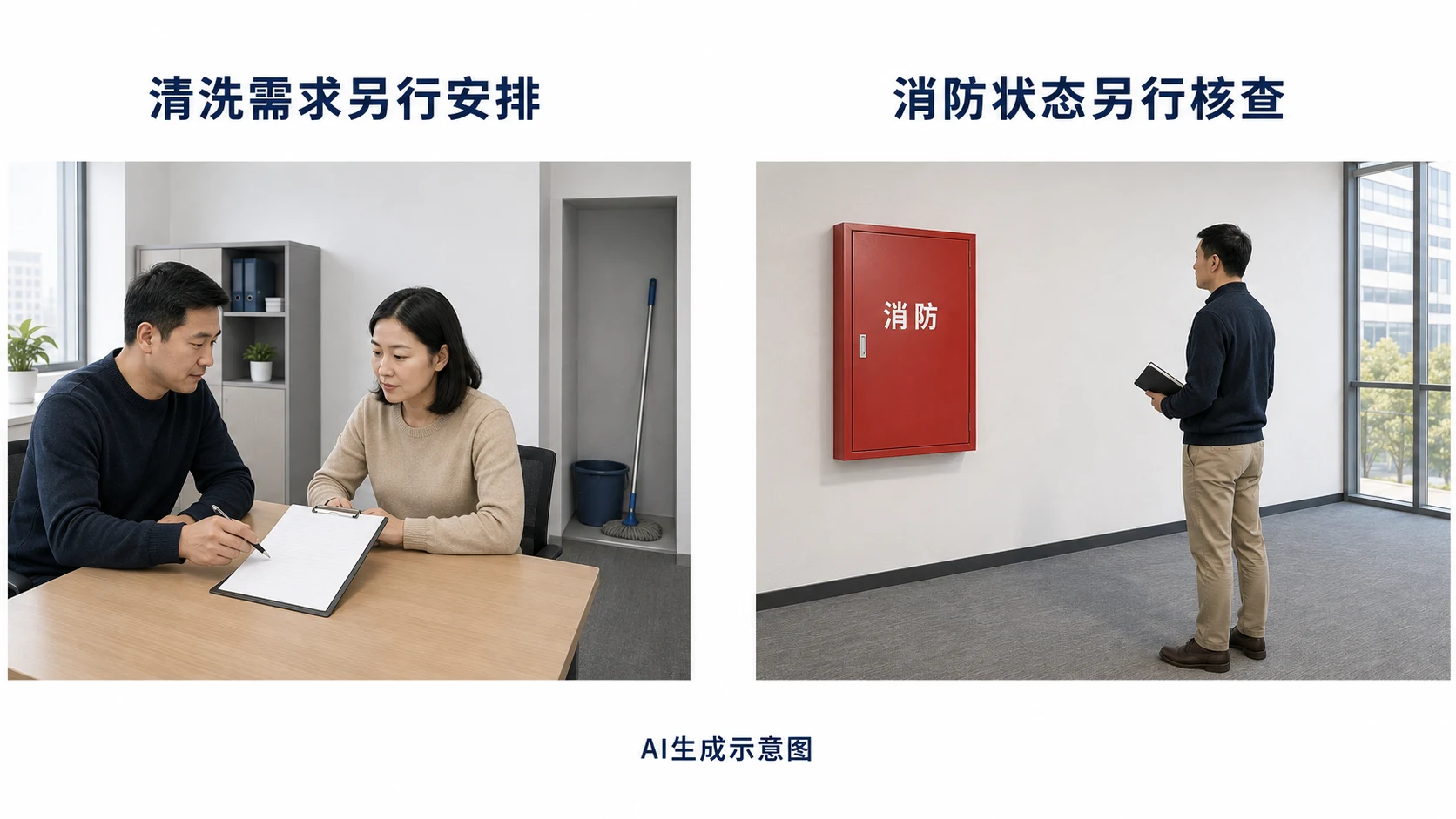 AI生成示意图:清洗需求另行安排,消防器材状态另行核查
